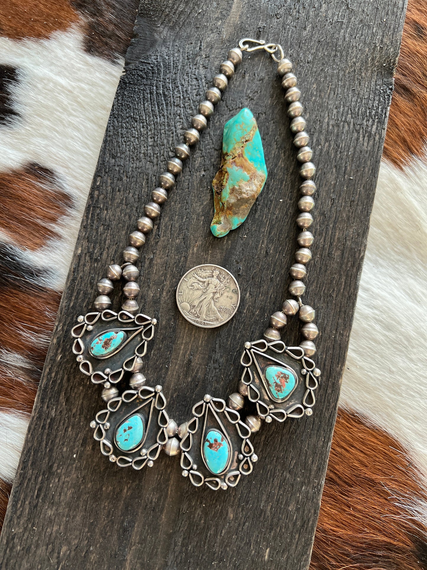 Vintage Navajo Sterling Silver and Turquoise Station Necklace