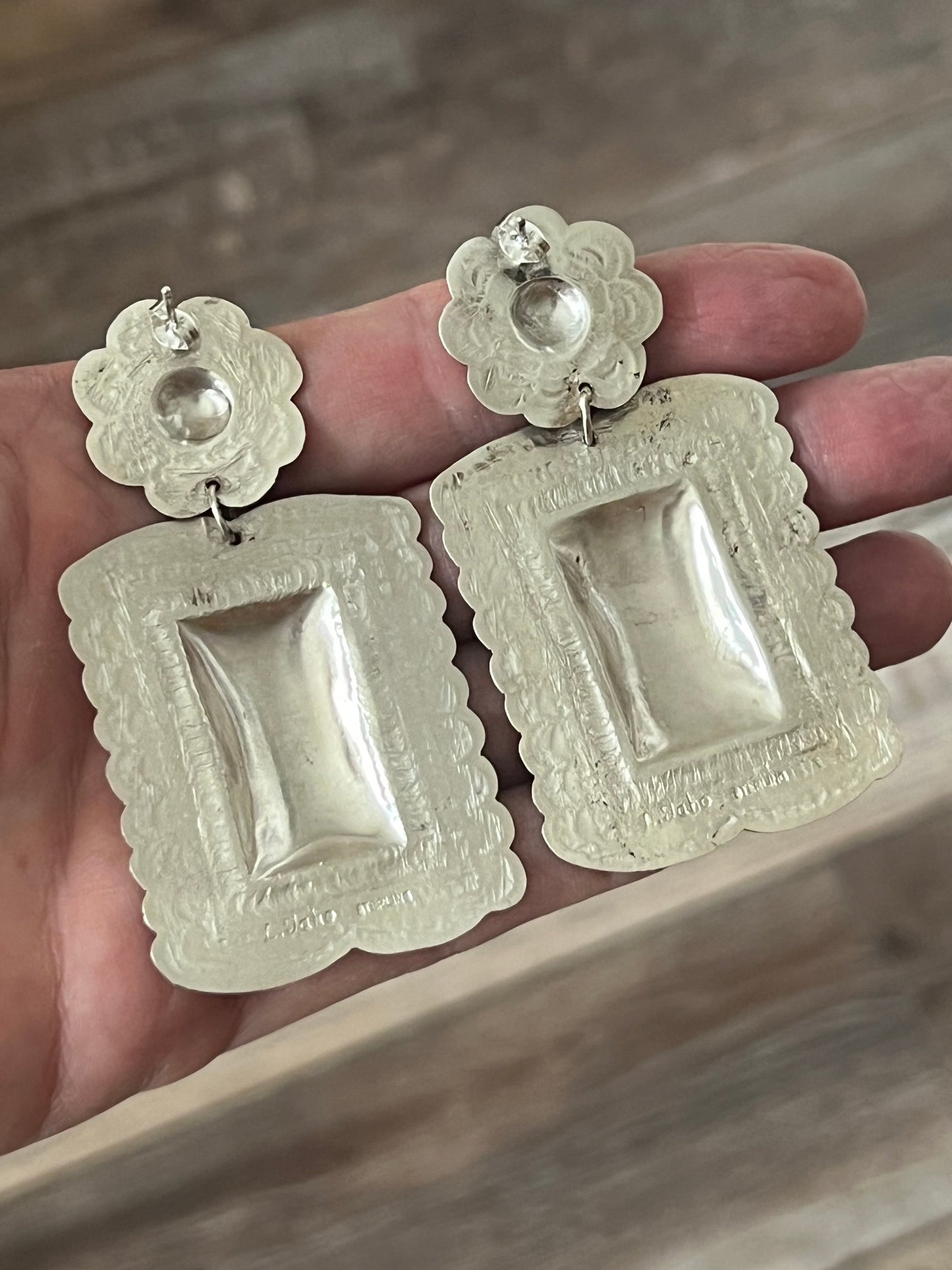 Handmade Navajo Sterling Silver Stamped Repousse Rectangle Earrings by Leander Tahe, R2