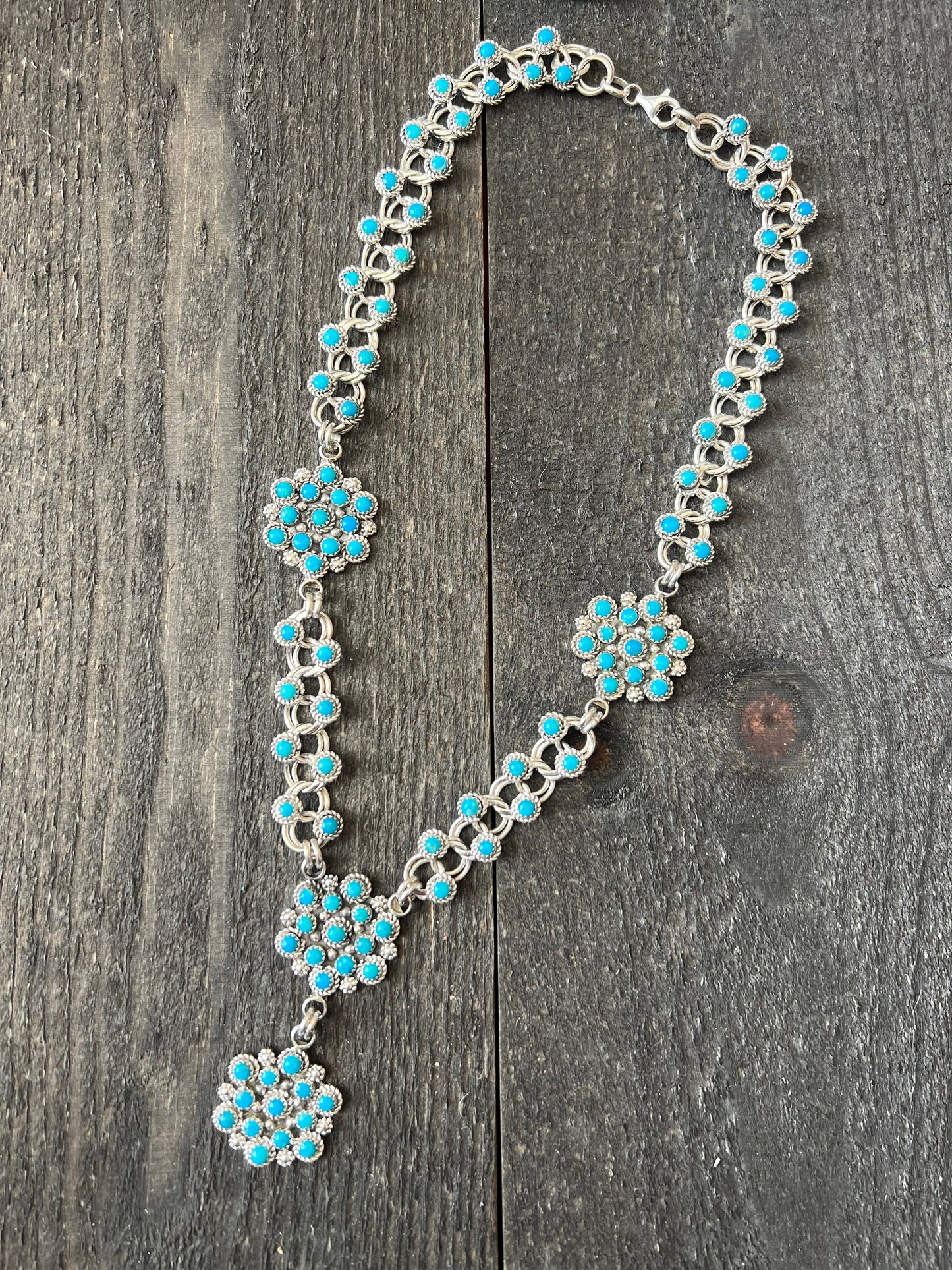 Zuni Sterling and Snake Eye Turquoise Link and Cluster Necklace by Dillon Cheama