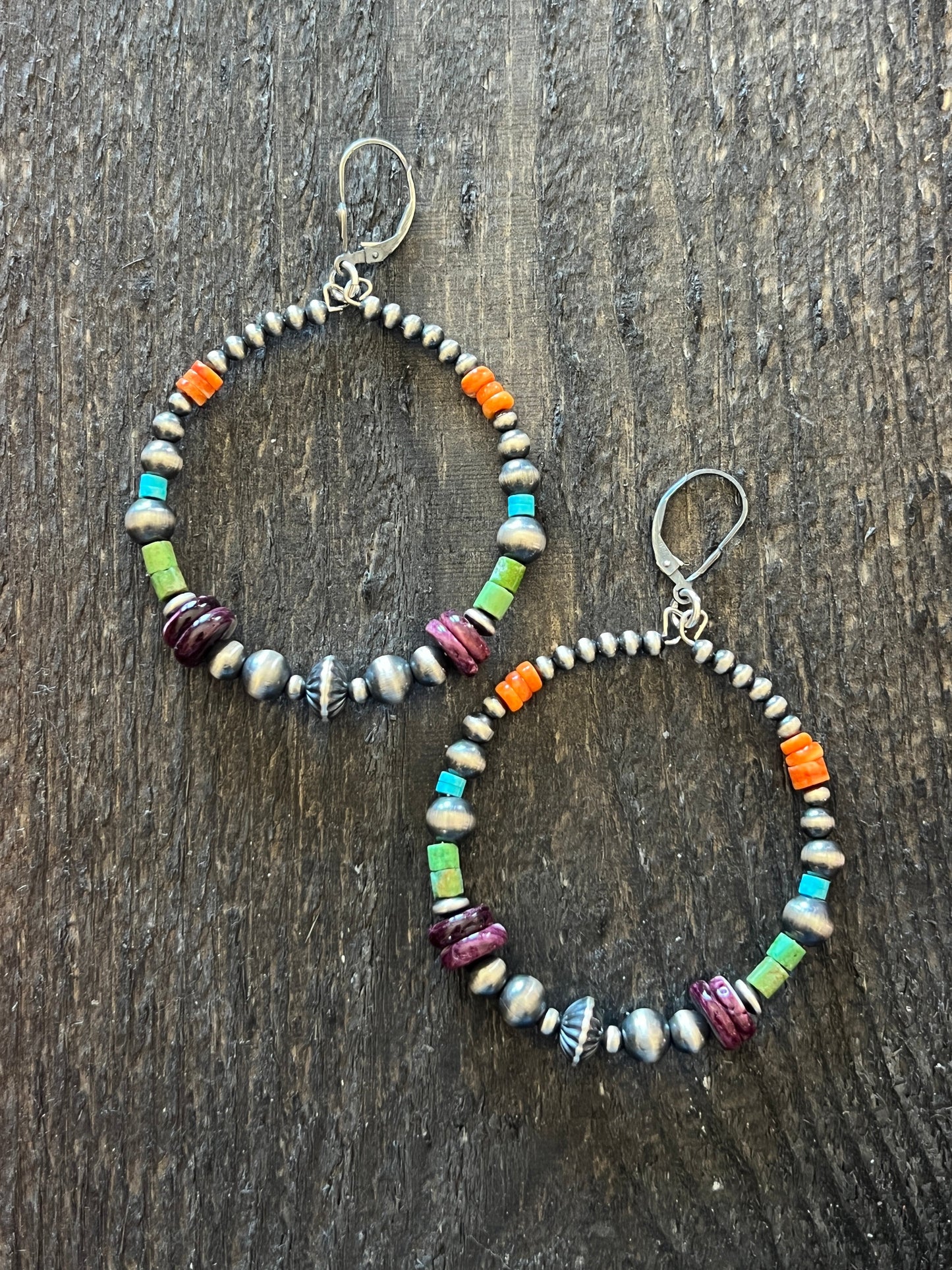 Navajo Made Electric Rainbow 2 Inch Sterling Silver, Turquoise & Spiny Oyster Beaded Hoop Earrings, Leverback