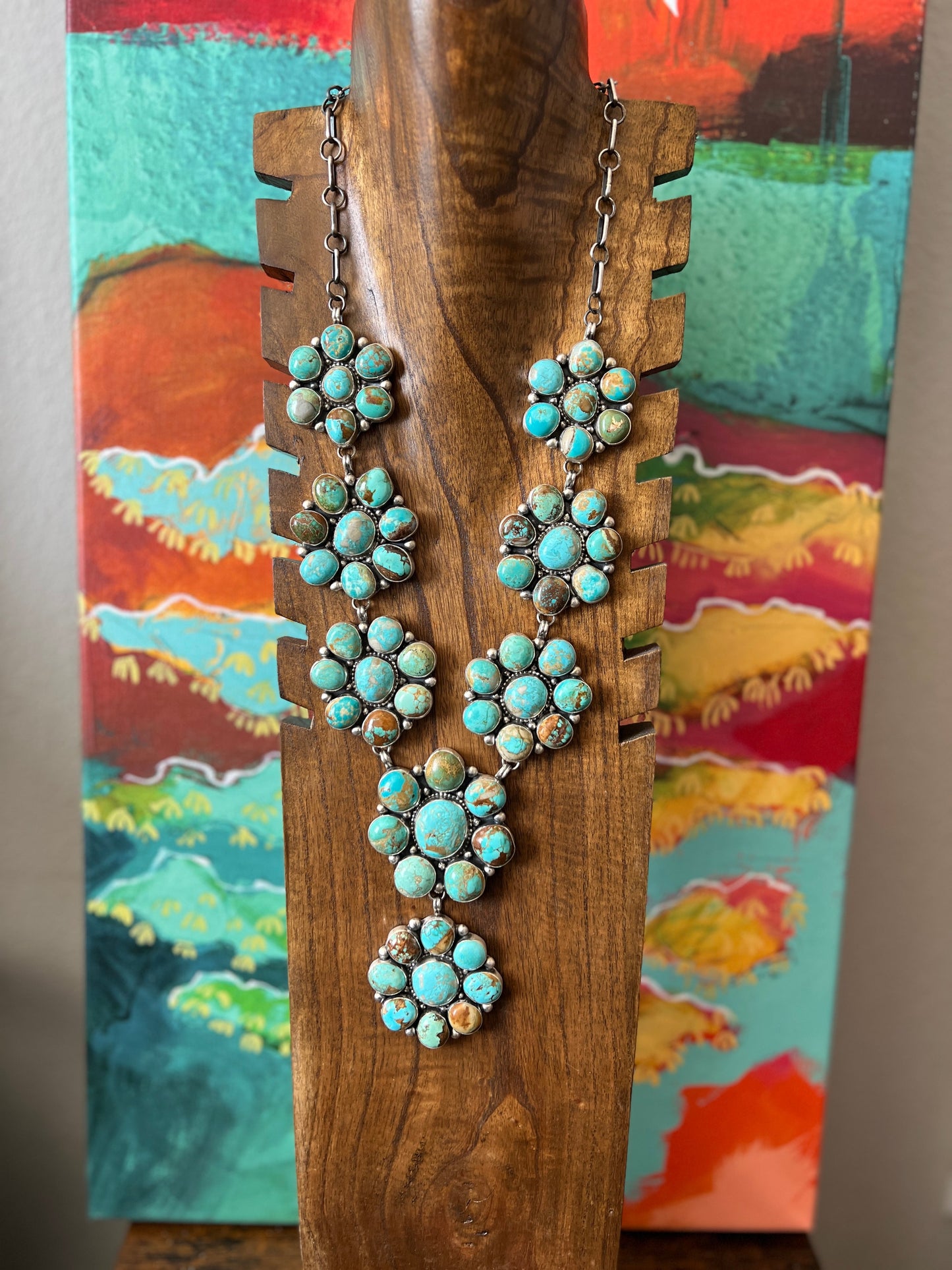 Navajo Big Mama Sterling Silver and Royston Turquoise Cluster Necklace with Matching Earrings by Sheila Becenti