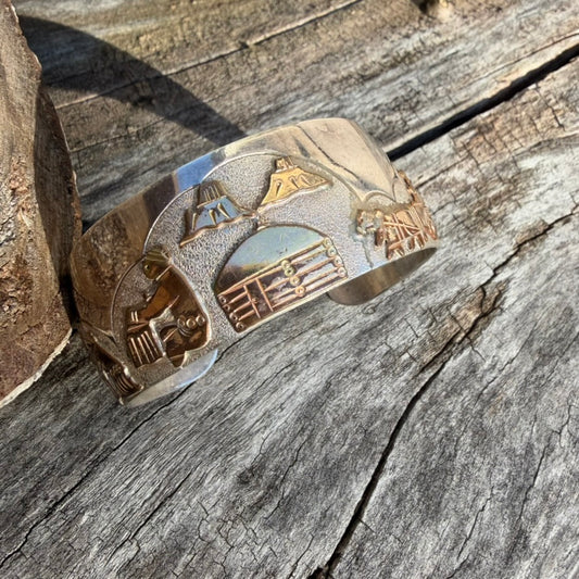 Apache Richard Reeve Sterling Silver with Gold Overlay Storyteller Cuff Bracelet