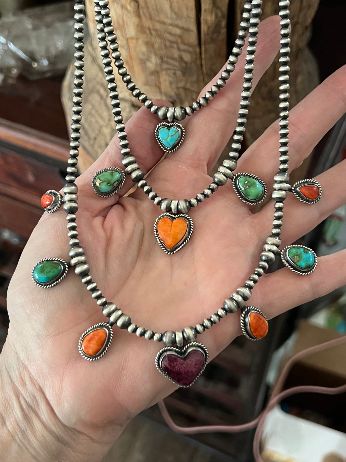 Navajo Made Sterling Silver Electric Rainbow Triple Layer Beaded Drop & Heart Necklace by Loretta Delgarito