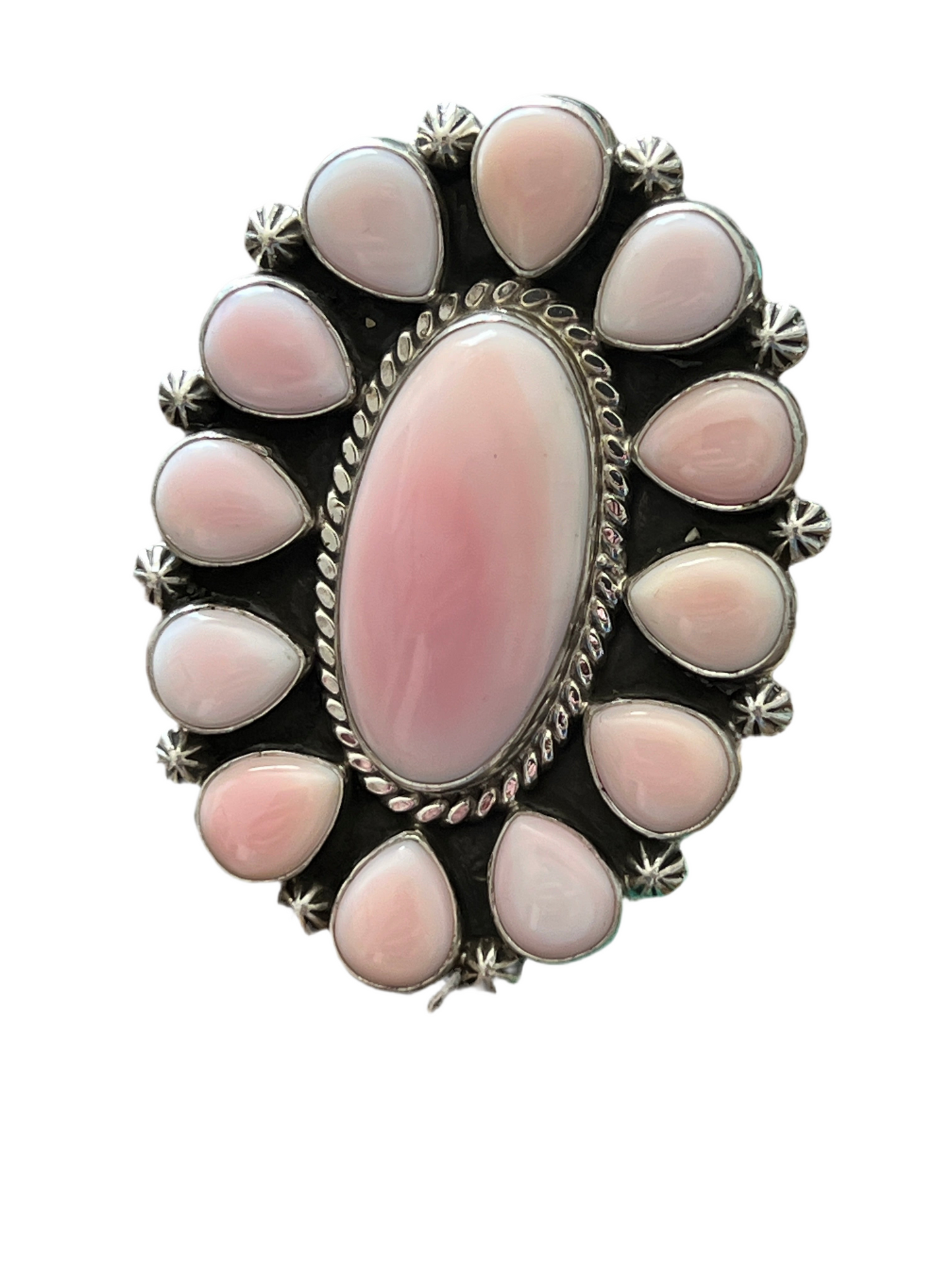 Navajo Sterling Silver and Oval Queen Pink Conch Shell Cluster Ring by Aaron Tallis, Adjustable