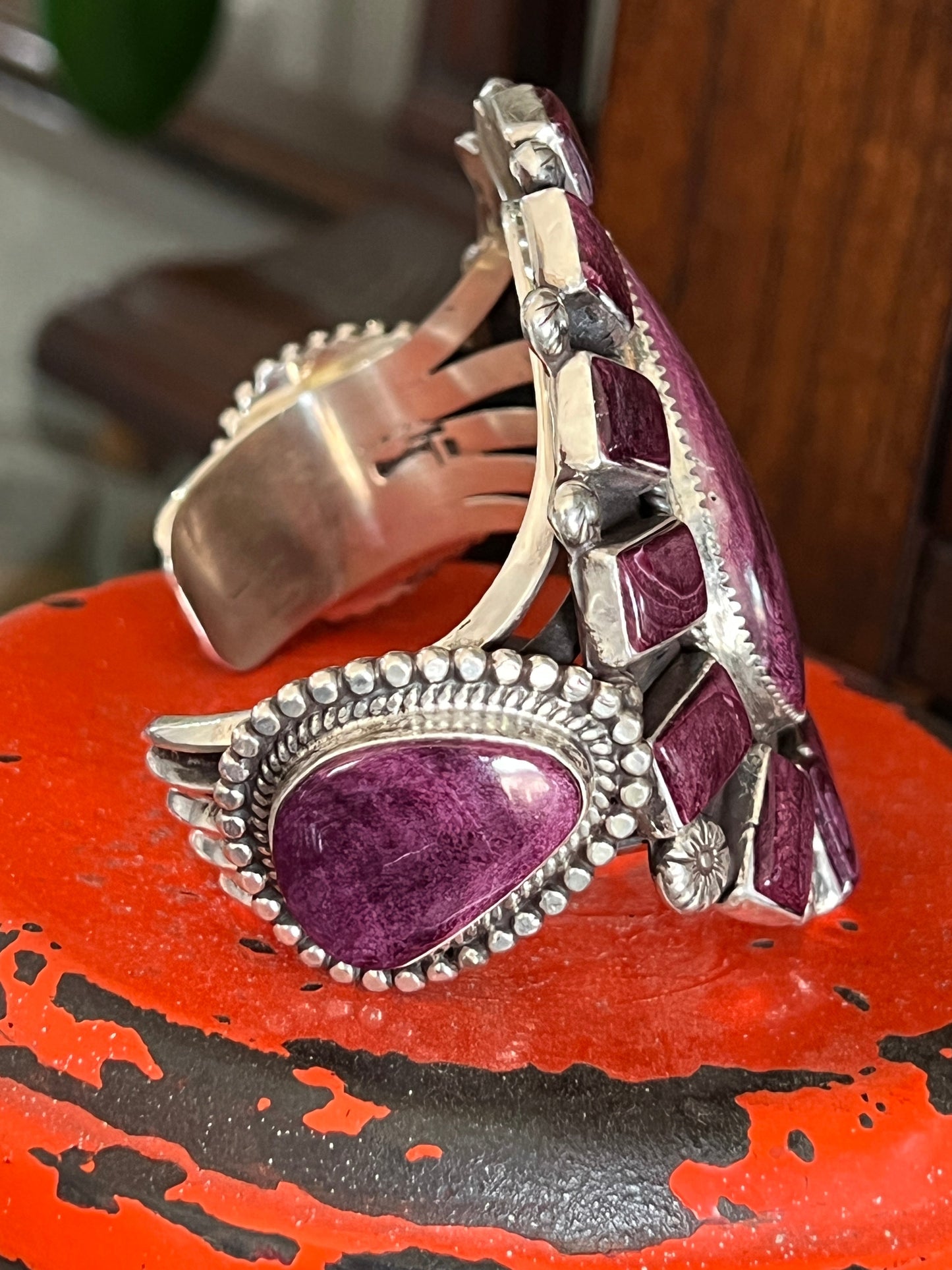 Navajo Sterling Silver and Purple Spiny Oyster Shell Cuff Bracelet by Tyler Brown