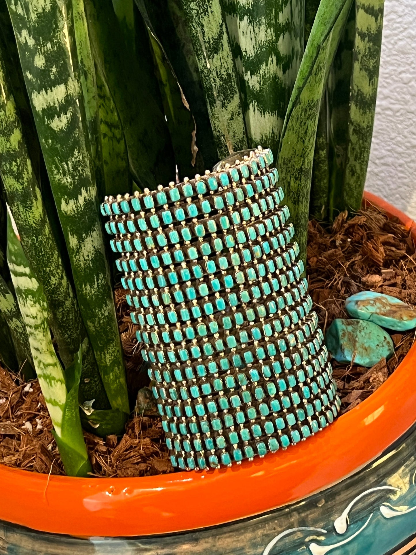 Epic Navajo Made 15 Row Sterling Silver and Turquoise Gauntlet Style Cuff Bracelet