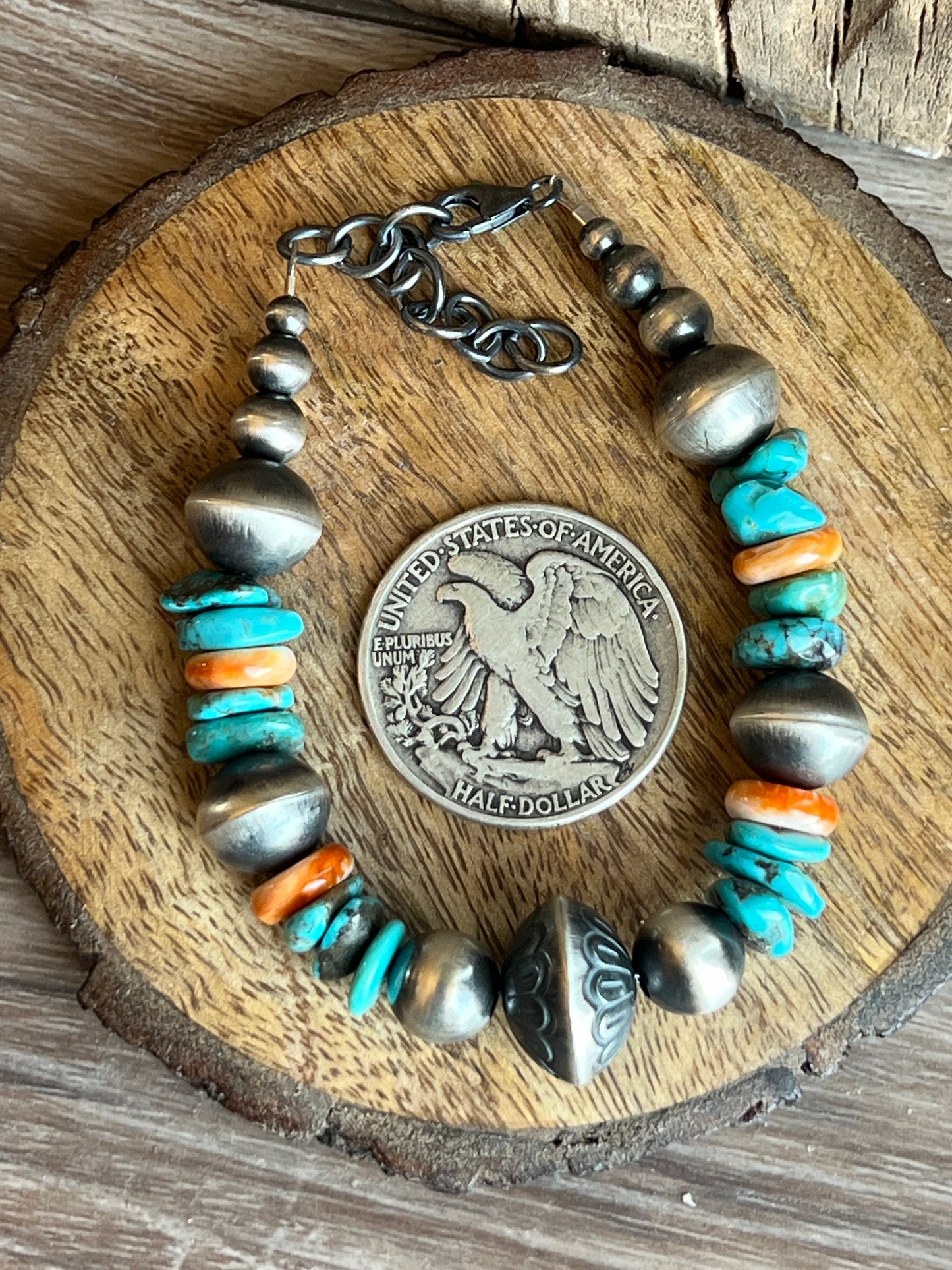 Navajo Made Chunky Sterling Silver, Turquoise and Spiny Oyster Shell Beaded Bracelet, Adjustable