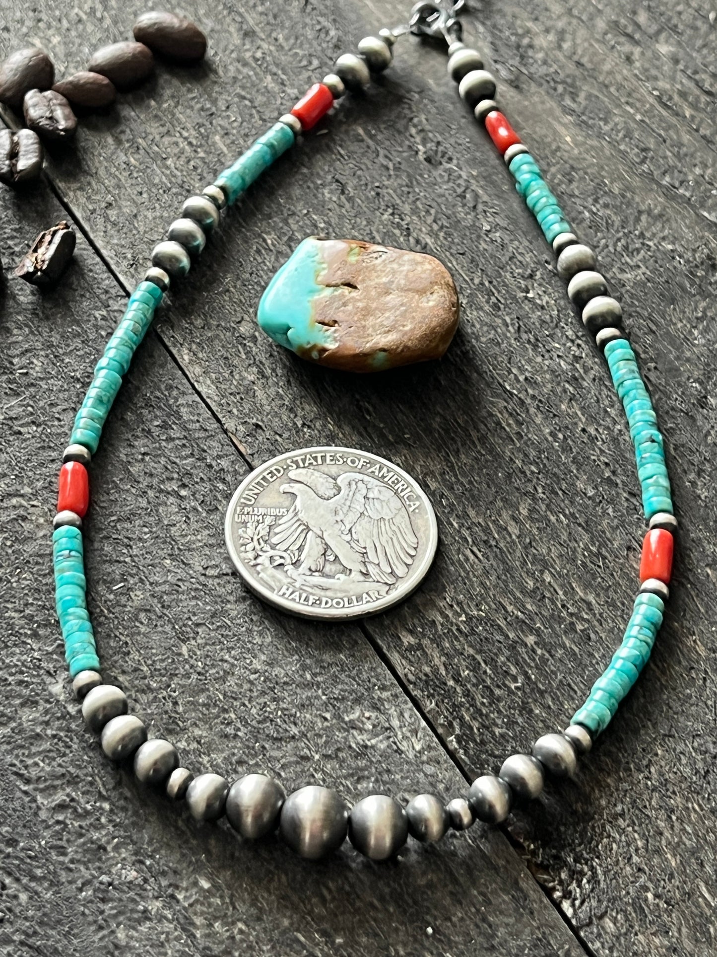 Summer Lovin’ Navajo Beaded Layering Necklace with Sterling Silver, Turquoise and Mediterranean Coral, 14” + 2”, The Beach Cruiser