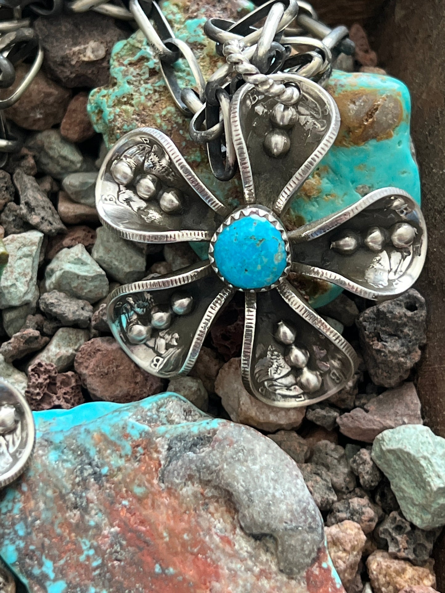 Navajo Sterling and Coin Silver Mercury Dime Flower Pendant with Turquoise on Handmade Chain by James Begay