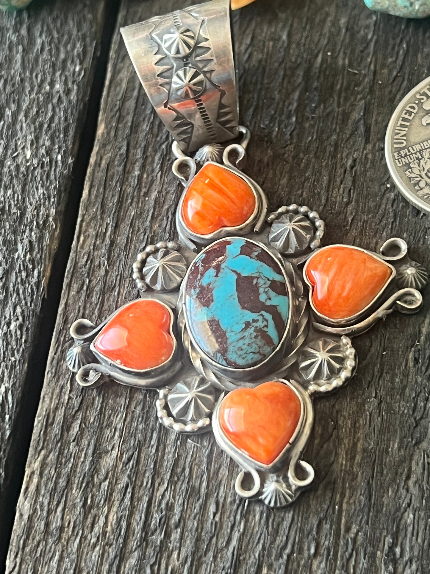 Rosella Paxson Sterling Silver, Spiny Oyster Shell and Egyptian Turquoise Cluster Pendant