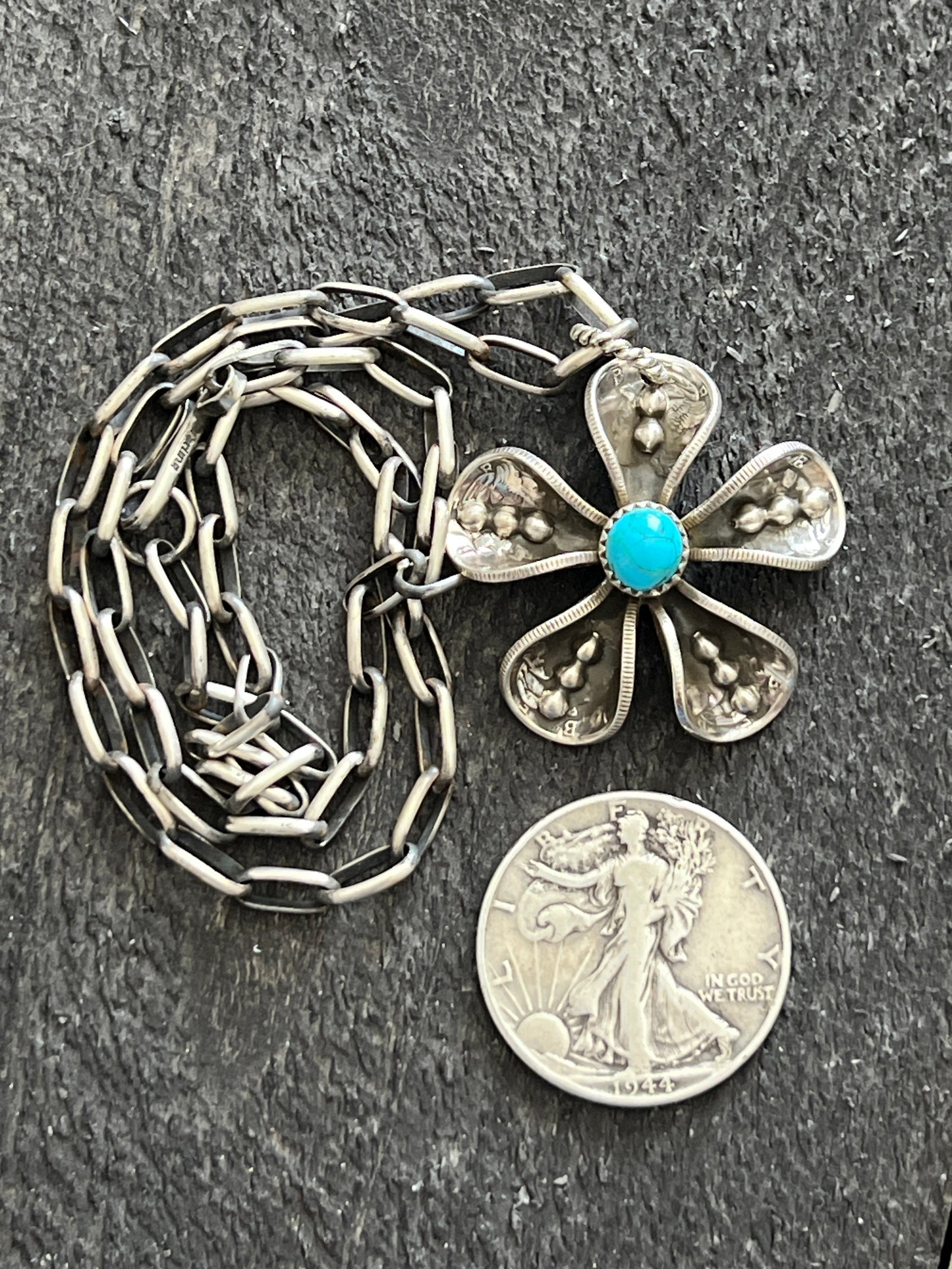Navajo Sterling and Coin Silver Mercury Dime Flower Pendant with Turquoise on Handmade Chain by James Begay