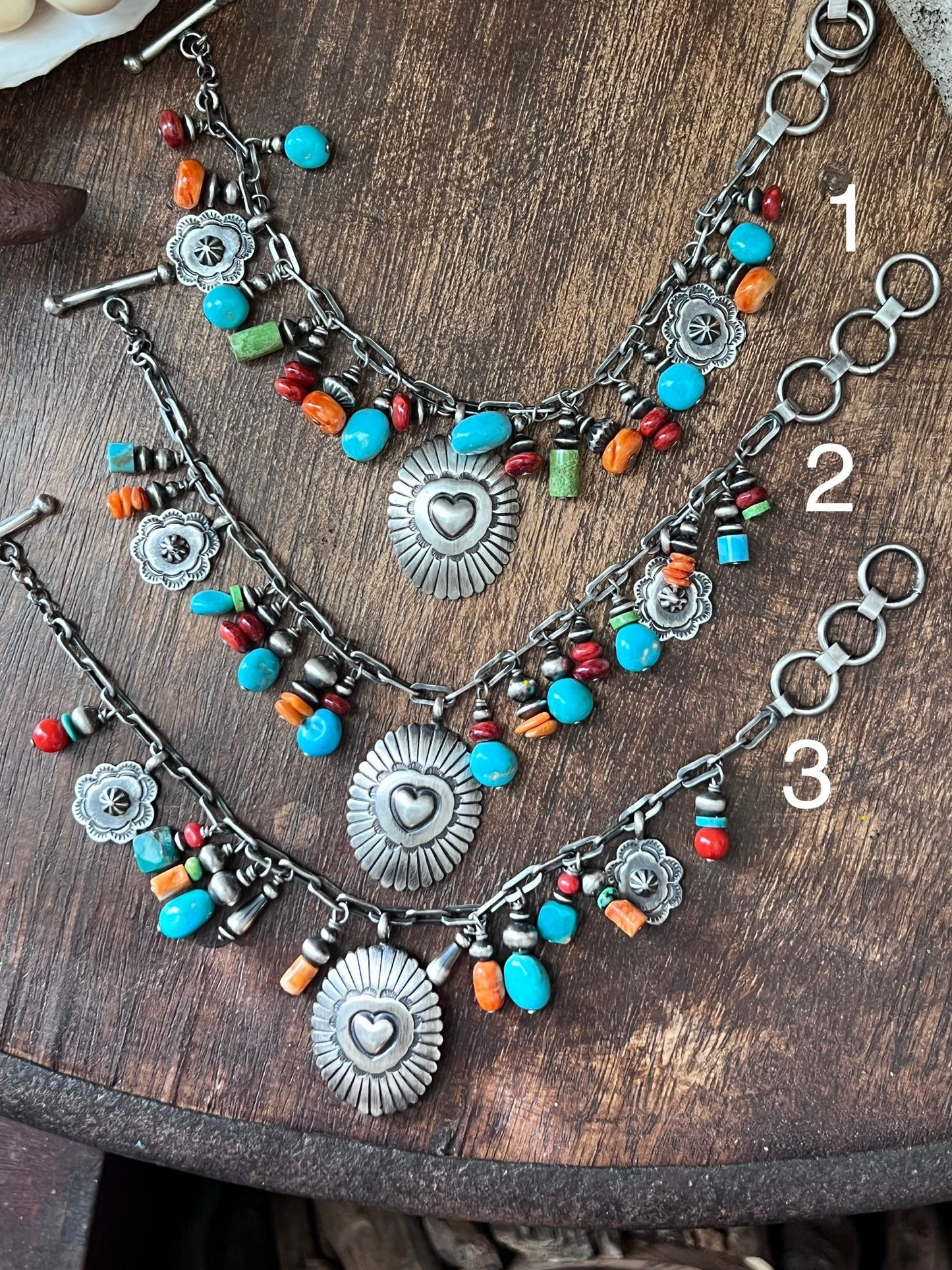 Raymond Coriz Handcrafted Electric Rainbow Sterling Silver Concho & Multistone Beaded Charm Bracelets