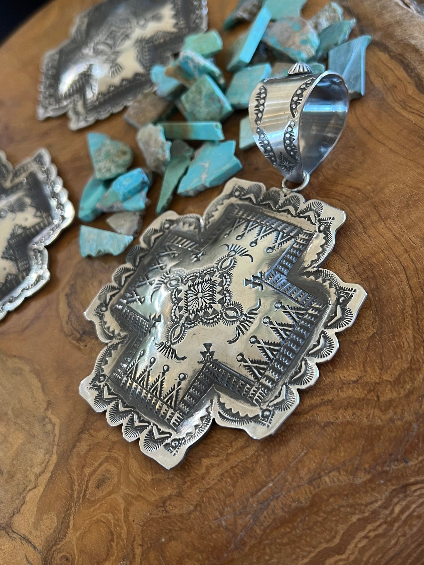 Navajo Hand Stamped Sterling Silver Santa Fe Cross Pendant by Victor Platero