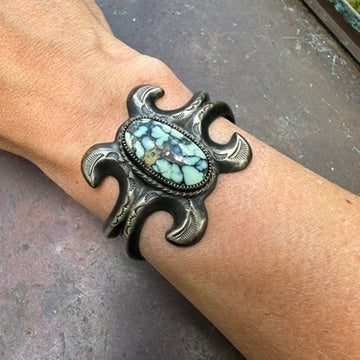 Navajo Made Sterling Tufa Cast Variscite Cuff Bracelet by Reggie Mitchell