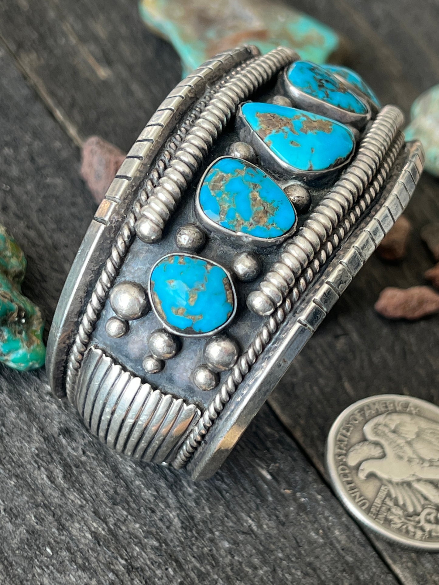 Vintage Hefty Sterling Silver and Turquoise Cuff Bracelet, Signed JY