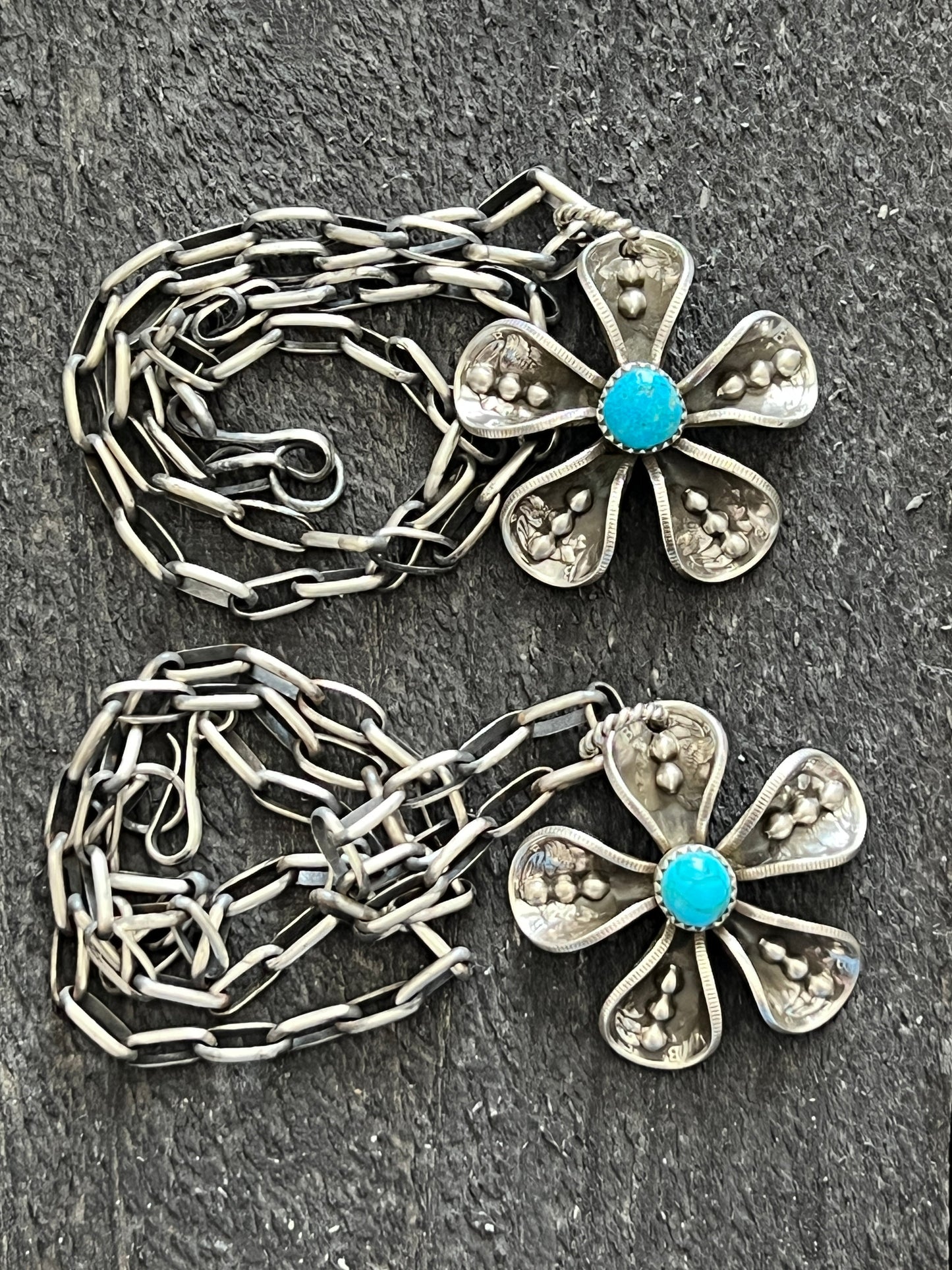 Navajo Sterling and Coin Silver Mercury Dime Flower Pendant with Turquoise on Handmade Chain by James Begay