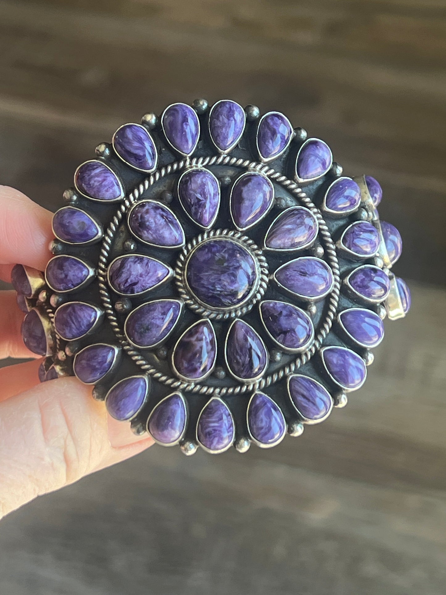 Navajo Sterling Silver and Charoite Cluster Cuff Bracelet by Tyler Brown
