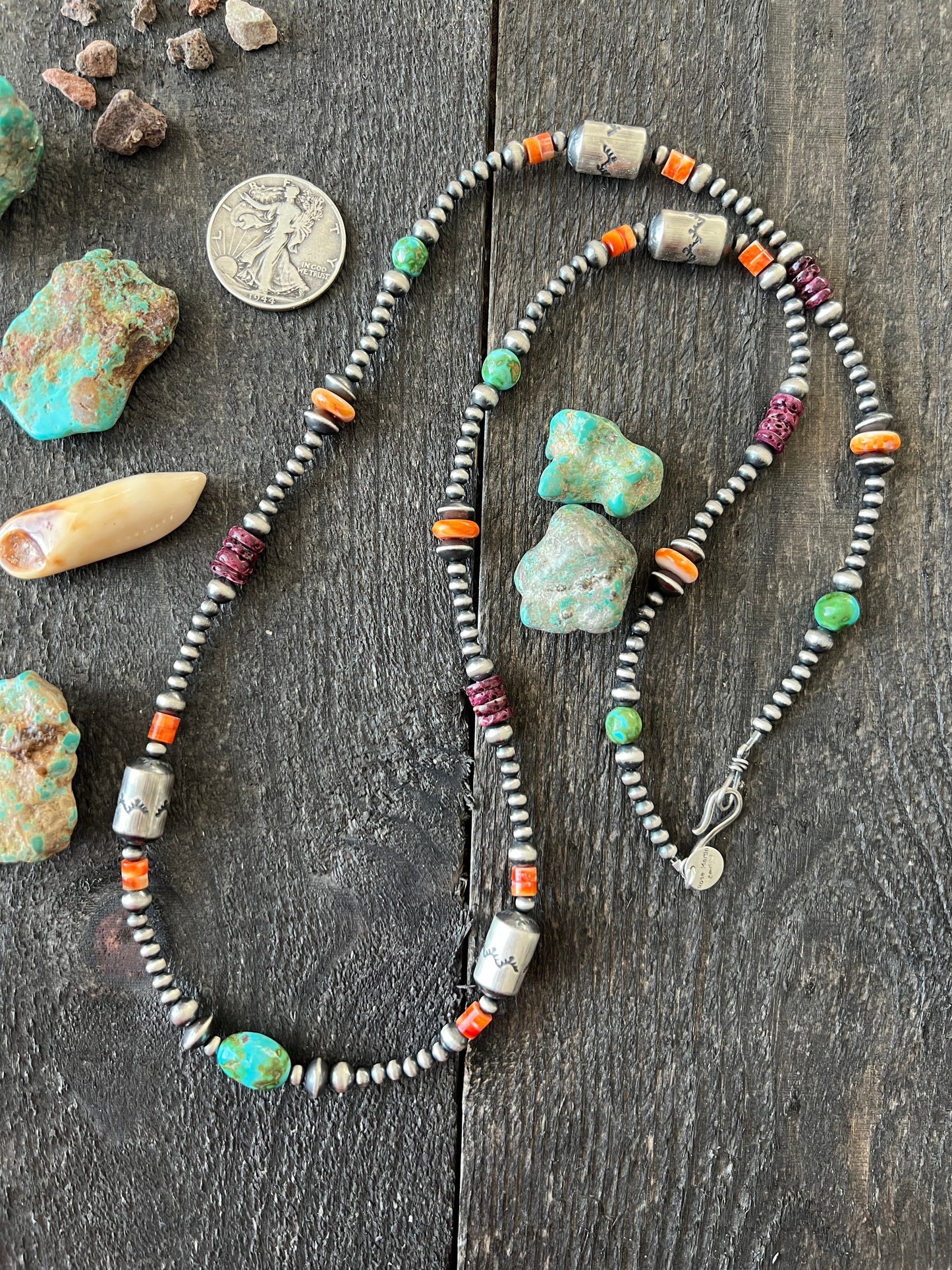 Navajo Electric Rainbow Sterling Silver, Turquoise and Spiny Oyster Single Strand Beaded Necklace by Rose Martin, 34 + 2 Inches