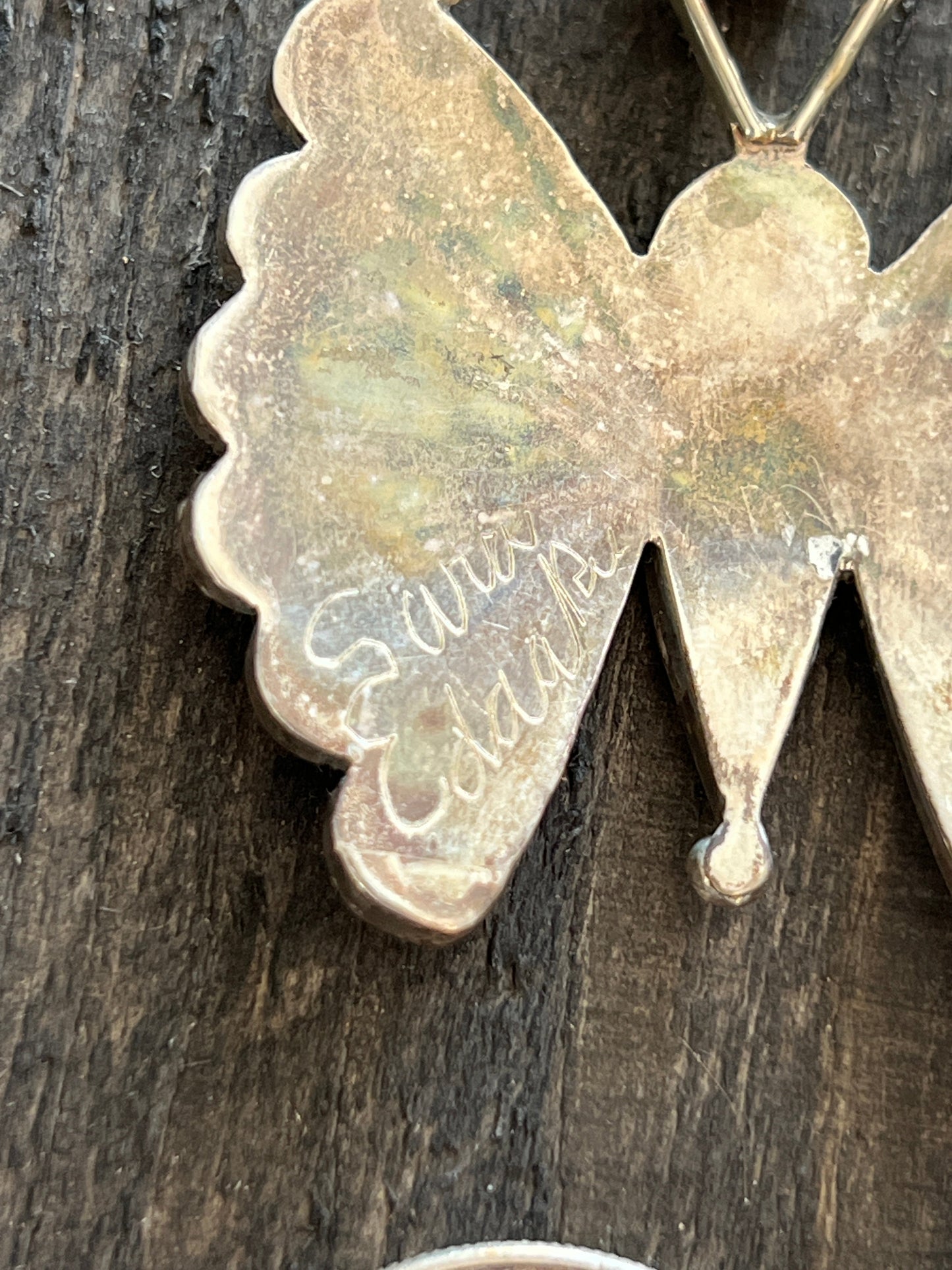 Vintage Zuni Sterling Silver, Turquoise, Spiny Oyster Shell and Jet Inlay Butterfly Pendant by Sara Edaakie