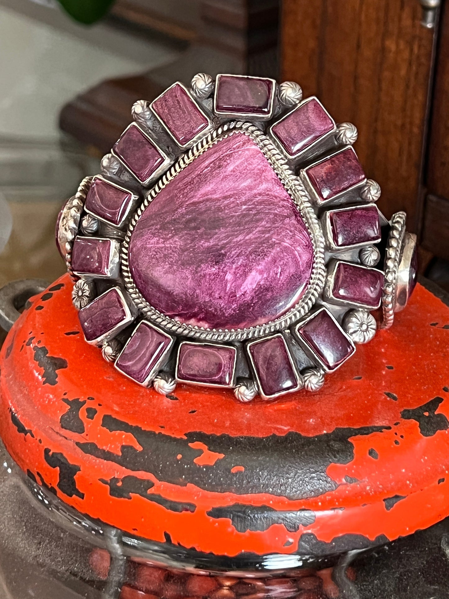 Navajo Sterling Silver and Purple Spiny Oyster Shell Cuff Bracelet by Tyler Brown