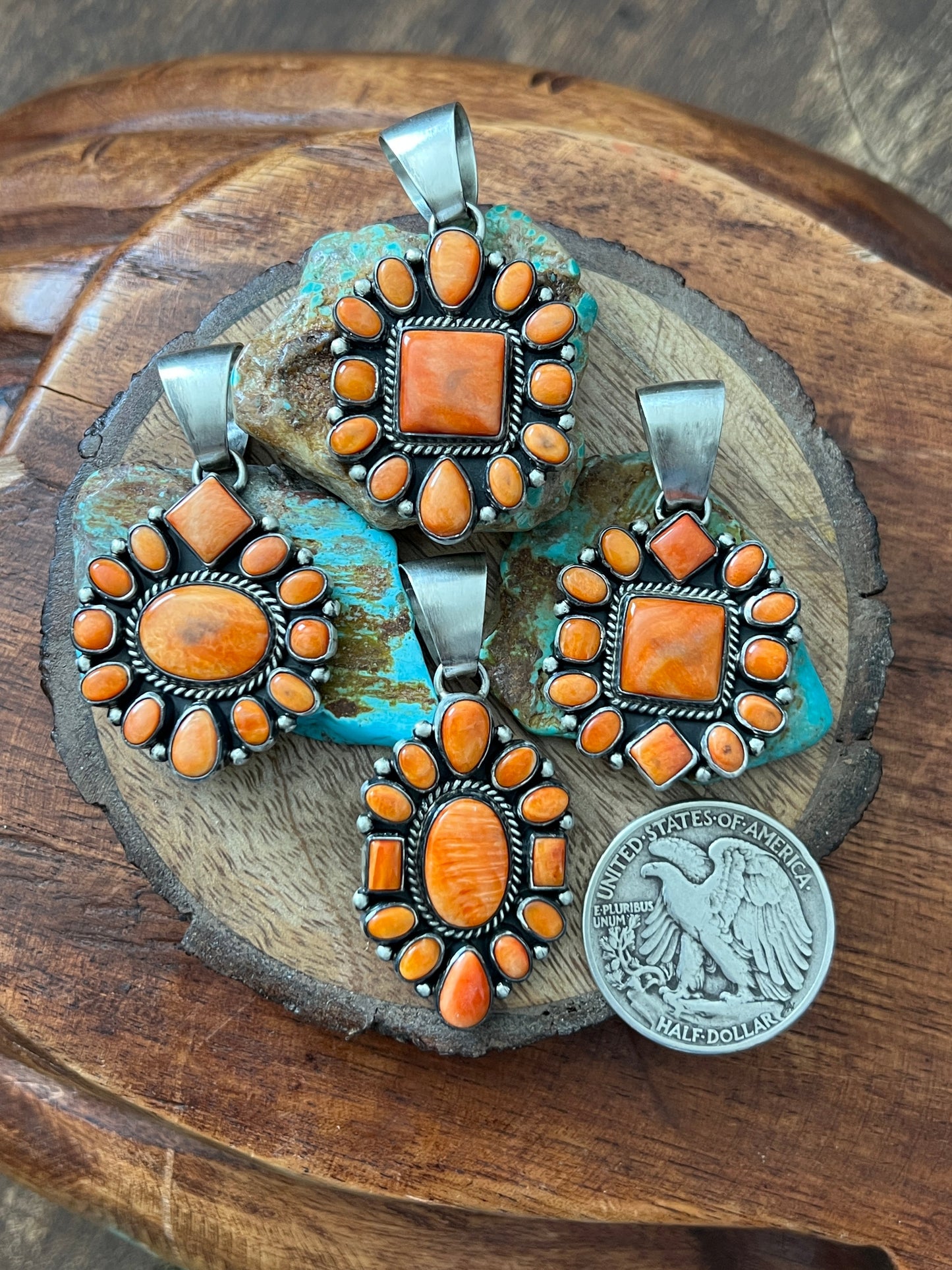 Navajo Sterling Silver and Burnt Spiny Oyster Shell Cluster Pendants by Loretta Delgarito