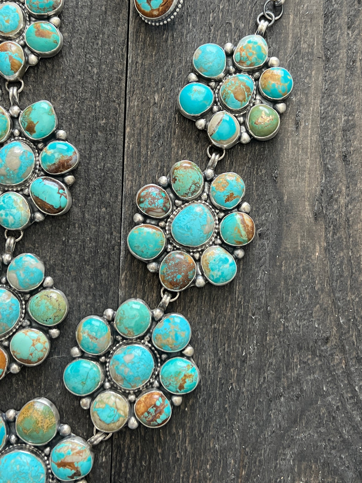 Navajo Big Mama Sterling Silver and Royston Turquoise Cluster Necklace with Matching Earrings by Sheila Becenti