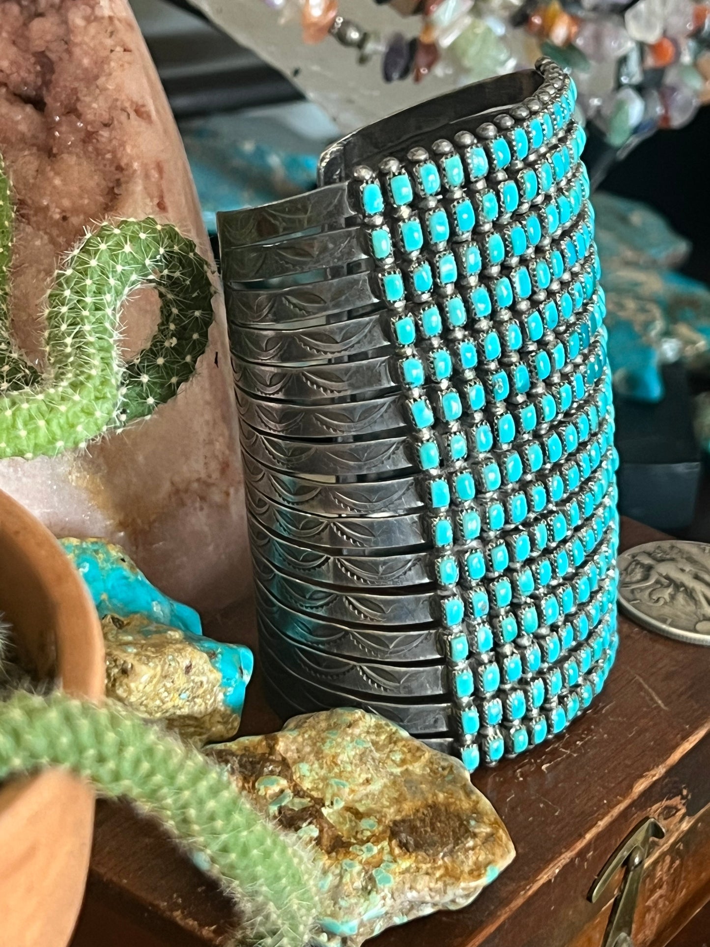 Stunning Old Pawn 15 Row Zuni Sterling Silver & Turquoise Gauntlet Style Cuff Bracelet by Clark Couyancy