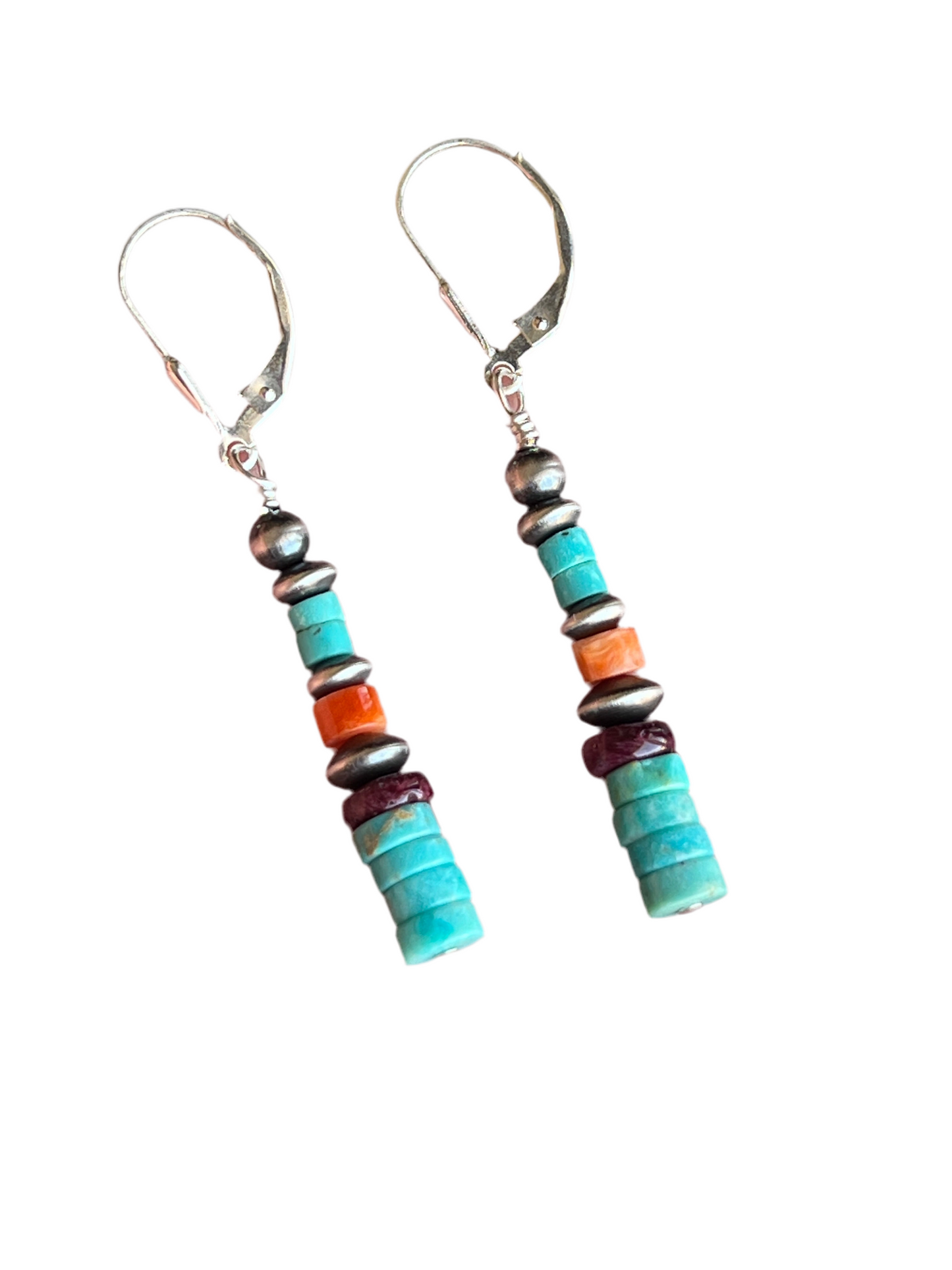 Navajo Made Sterling Silver Summer Lovin’ Turquoise and Spiny Oyster Beaded Drop Earrings, Leverback