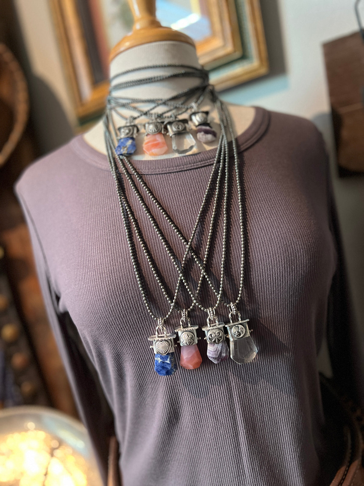 Tularosa Sterling Silver Gem Collector 30” + 2” Beaded Necklace w/ Tularosa Quartz & Moon Pendant