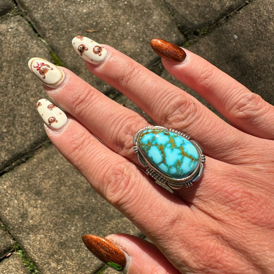Navajo Sterling Silver Light Blue Webbed Kingman Turquoise Ring Signed by Allen Lee