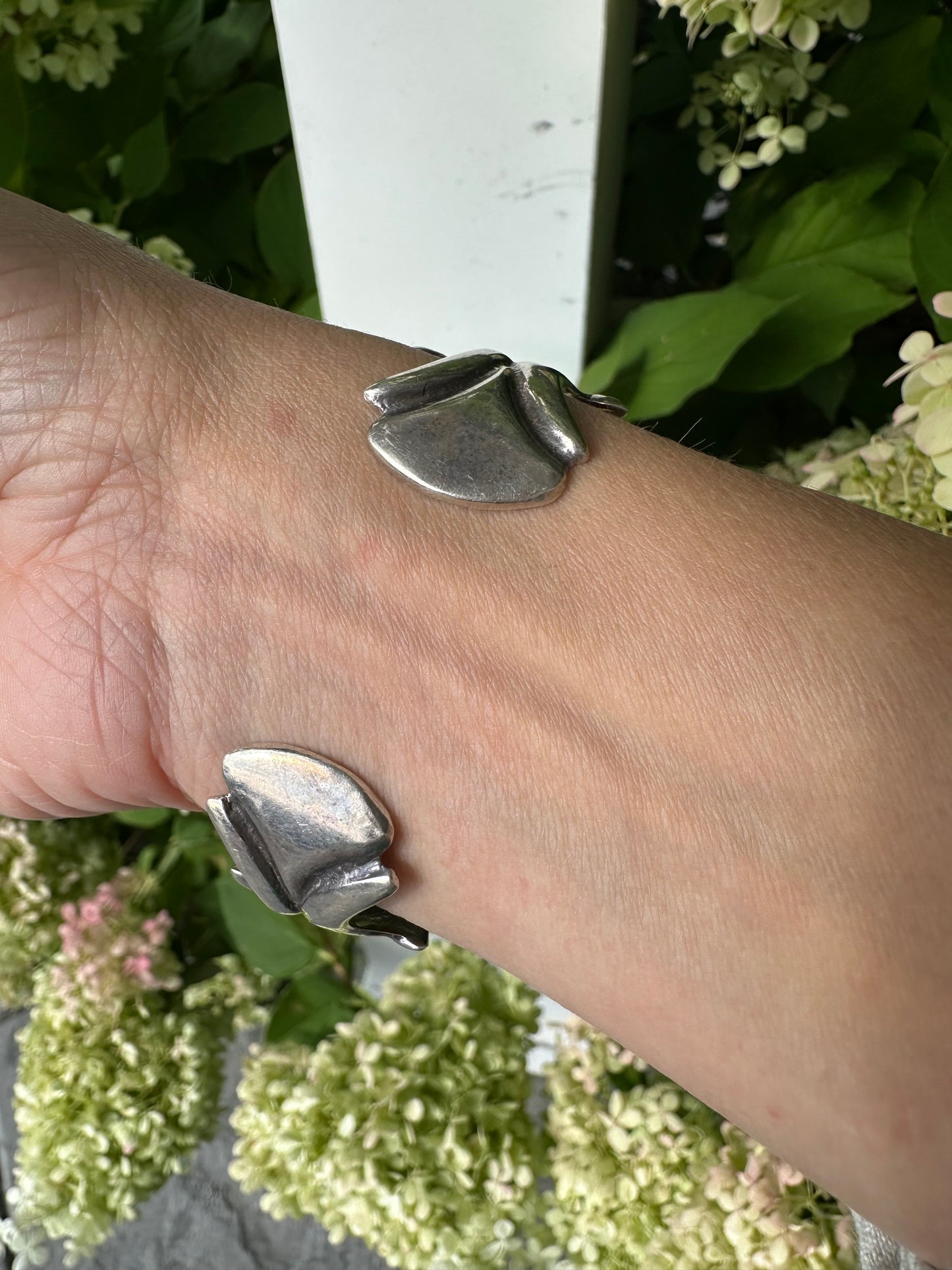 Vintage Cast Sterling Silver Double Heart Cuff Bracelet, Unsigned
