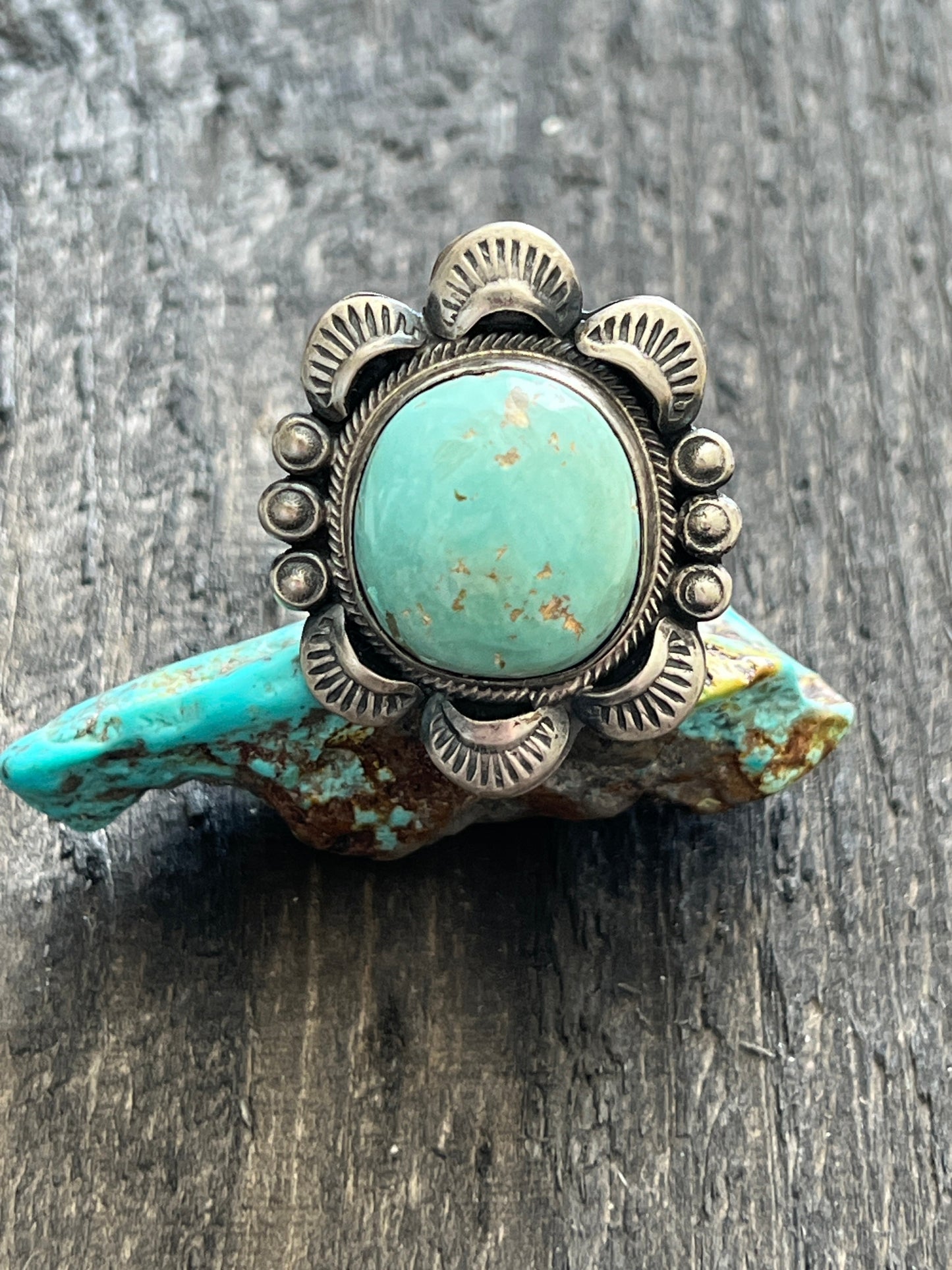 Navajo Sterling Silver and Royston Turquoise Single Stone Ring by Gilbert Tom, Size 8