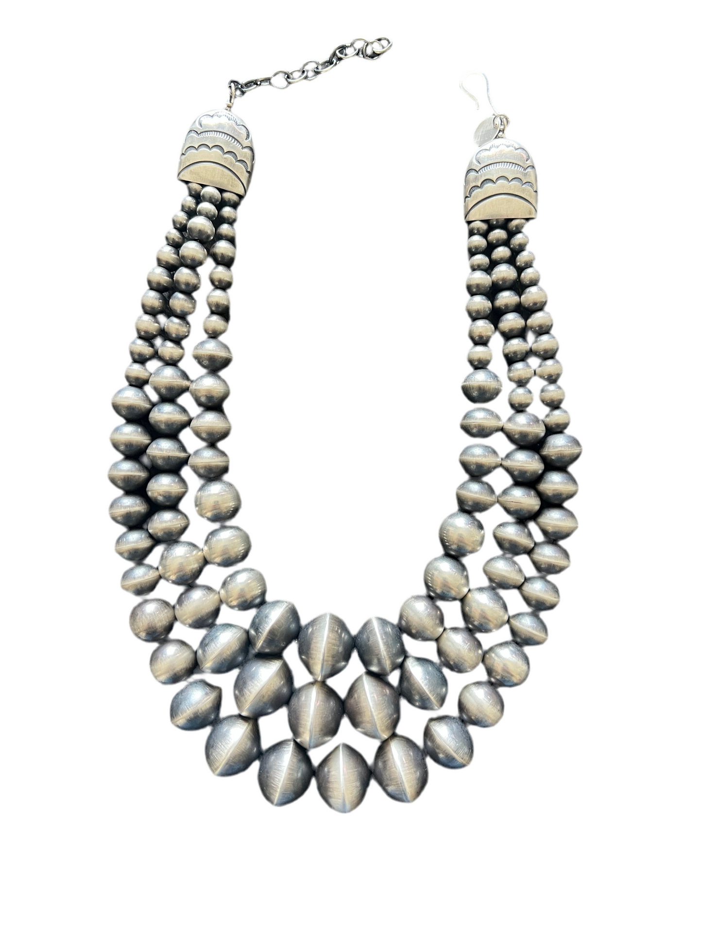 Navajo Sterling Silver Triple Strand Bead Statement Necklace by Rose Martin