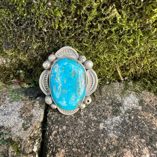 Vintage Navajo Sterling Silver and Blue Turquoise Ring Signed by Albert Cleveland