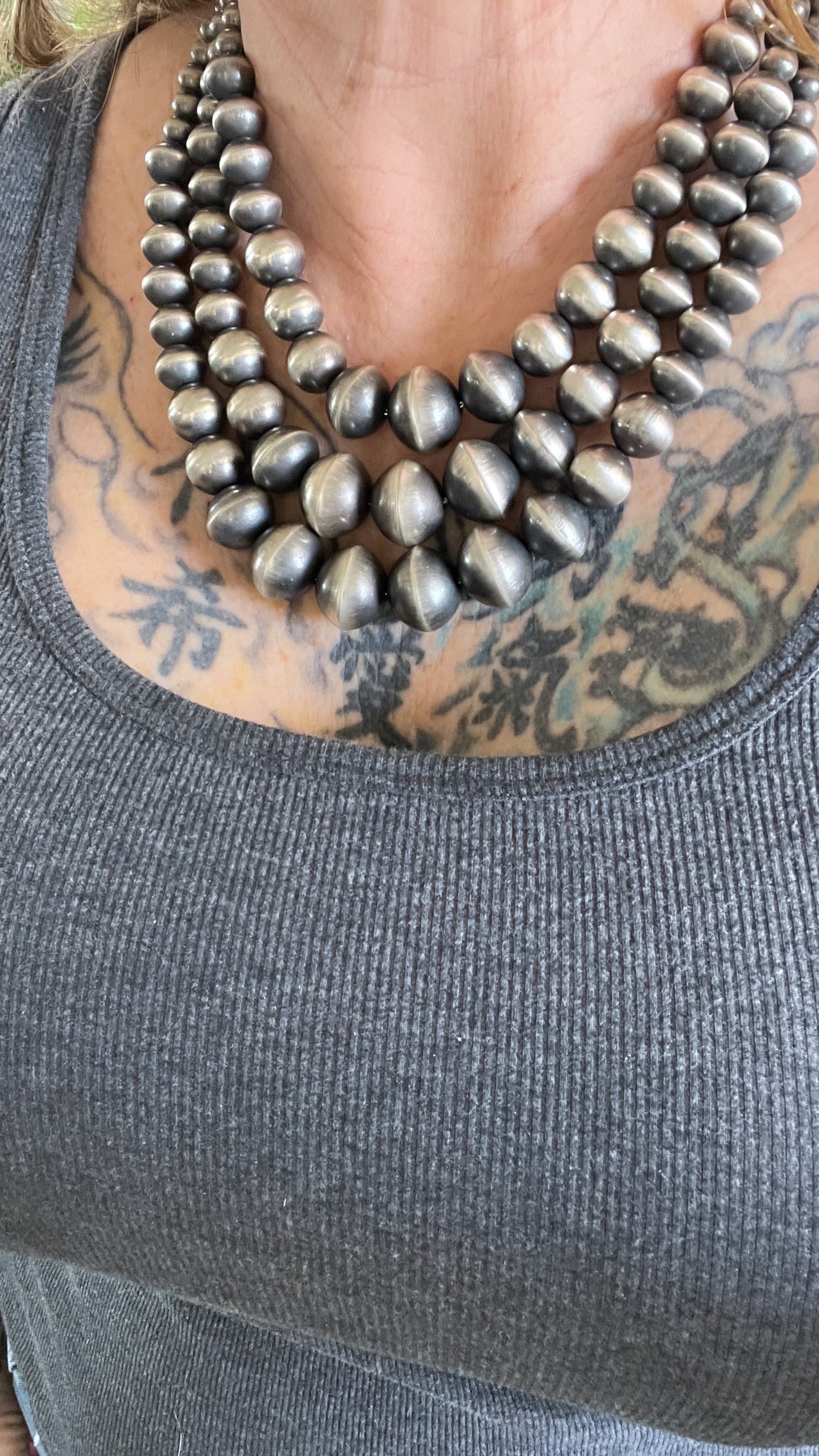 Navajo Sterling Silver Triple Strand Bead Statement Necklace by Rose Martin