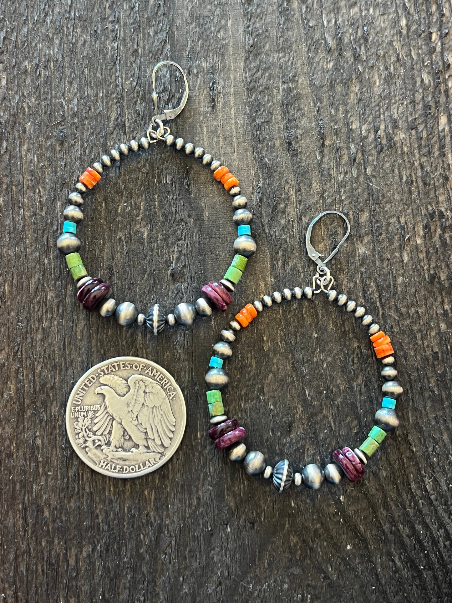 Navajo Made Electric Rainbow 2 Inch Sterling Silver, Turquoise & Spiny Oyster Beaded Hoop Earrings, Leverback