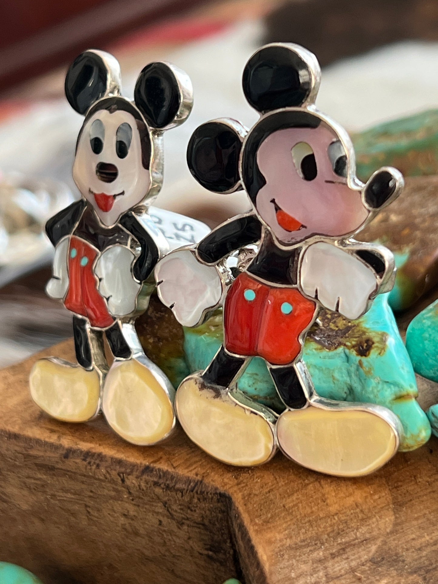 Zuni Made Mickey Mouse Multi Stone Inlay Rings by Don Dewa, Adjustable