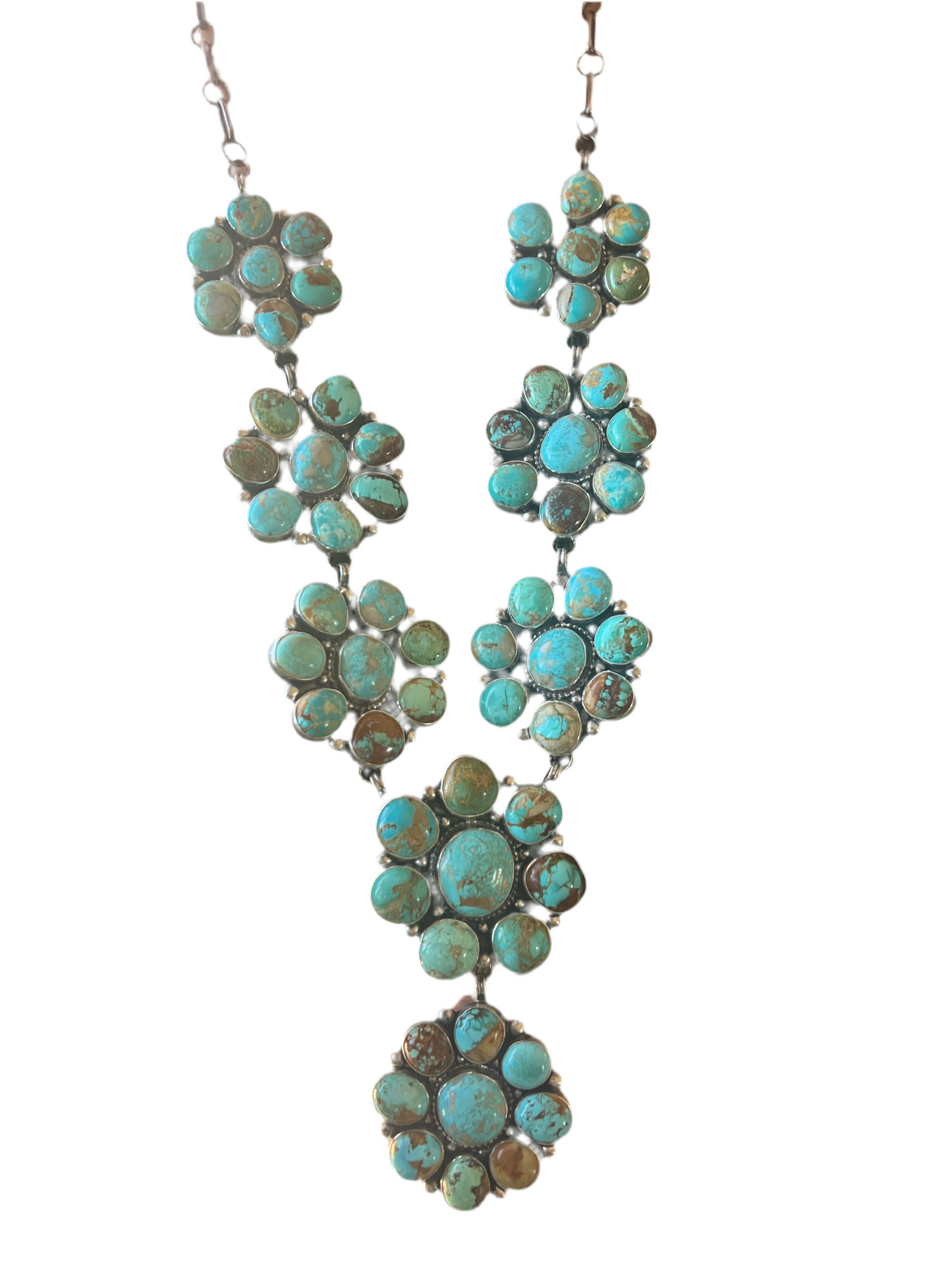 Navajo Big Mama Sterling Silver and Royston Turquoise Cluster Necklace with Matching Earrings by Sheila Becenti