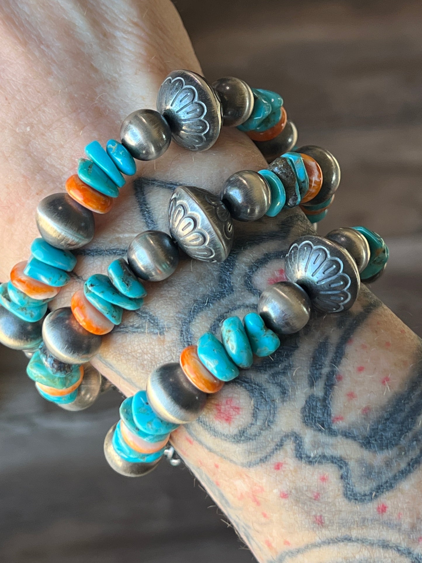Navajo Made Chunky Sterling Silver, Turquoise and Spiny Oyster Shell Beaded Bracelet, Adjustable