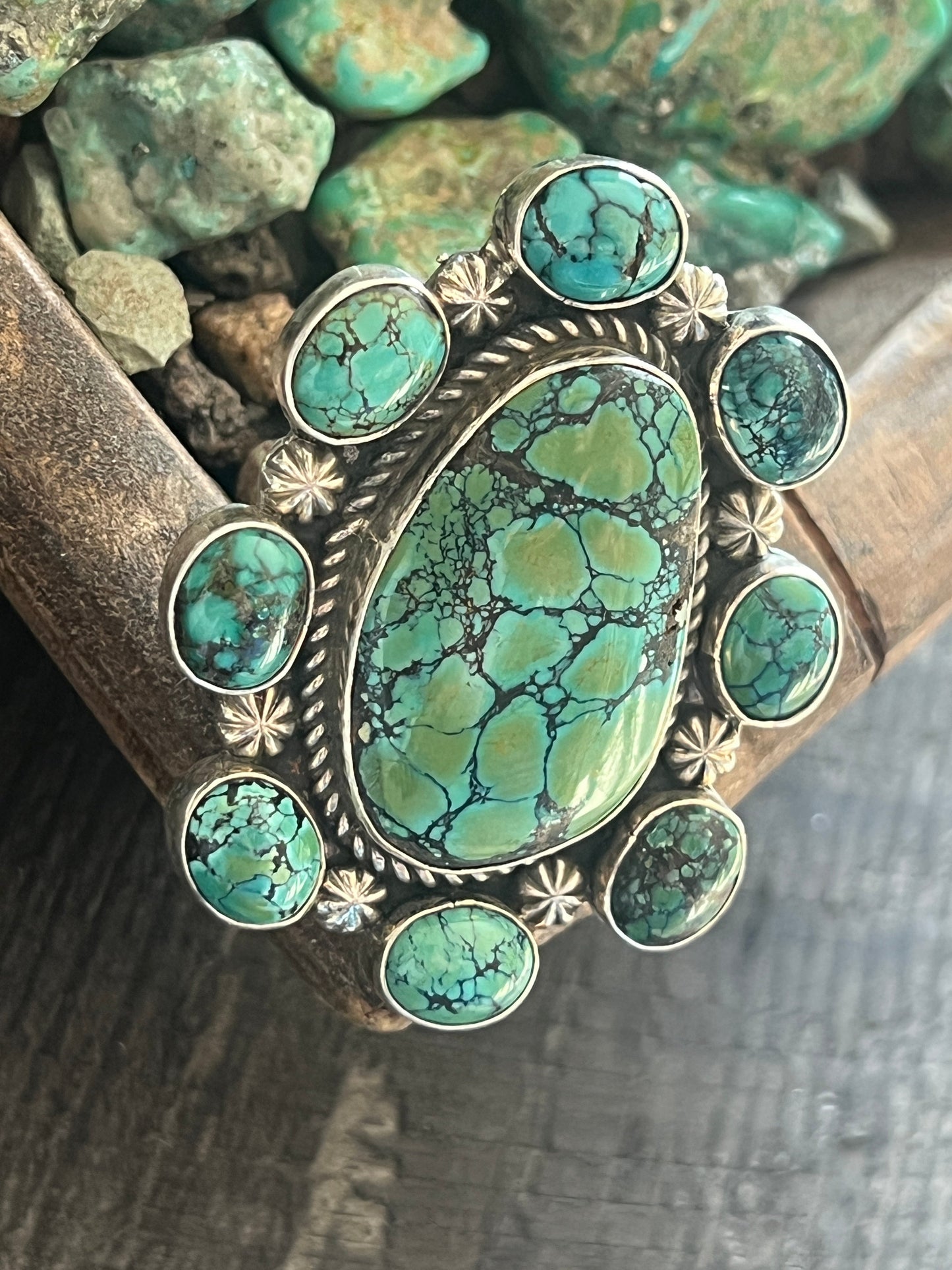 Apache Sterling Silver and Hubei Turquoise Cluster Ring by Rosella Paxson, Size 8.5