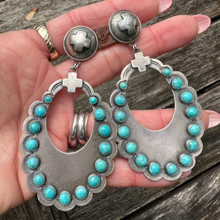 Artisan Made Sterling Silver and Turquoise Large Scallop Earrings by Dennis Hogan