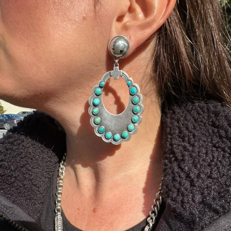 Artisan Made Sterling Silver and Turquoise Large Scallop Earrings by Dennis Hogan
