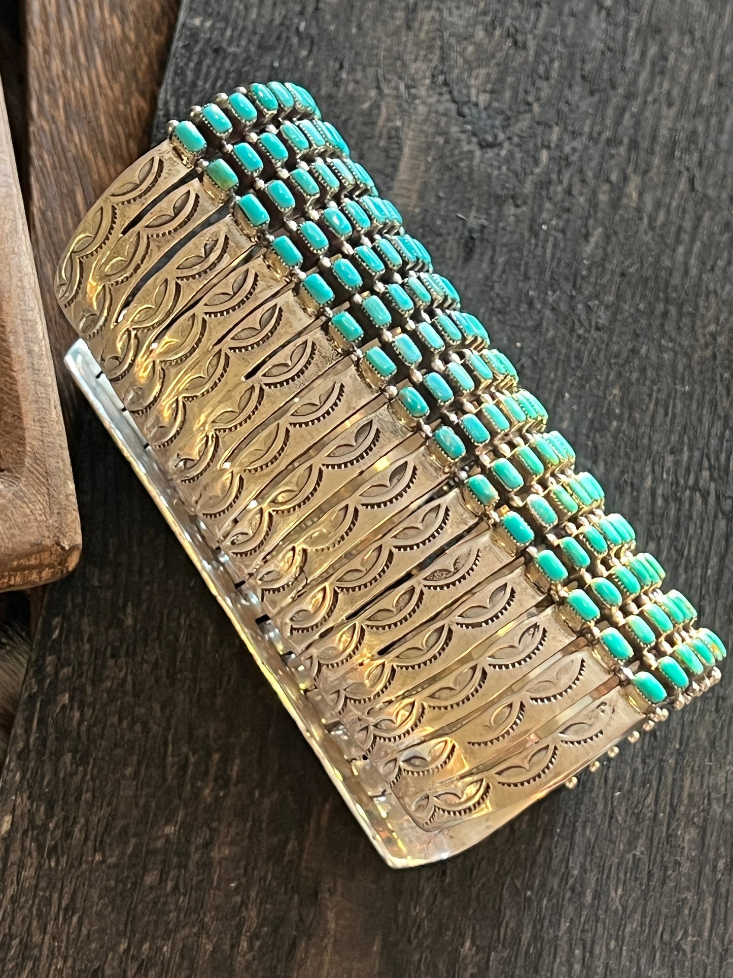 Epic Navajo Made 15 Row Sterling Silver and Turquoise Gauntlet Style Cuff Bracelet