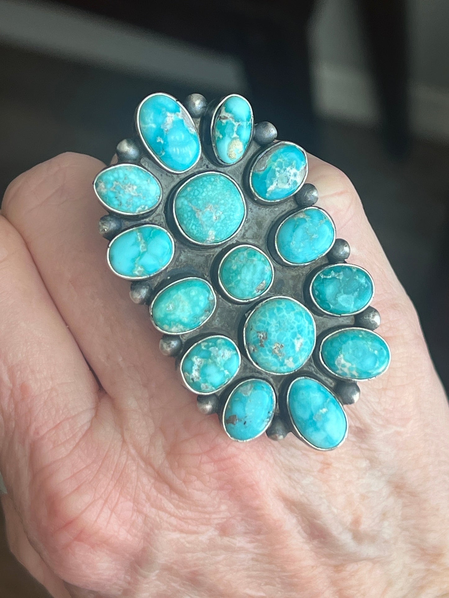Navajo Paul Livingston Sterling Silver and Campitos Turquoise Cluster Ring, Size 7