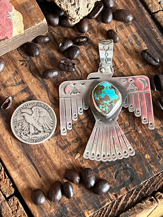 Hand Stamped Sterling Silver and Turquoise Thunderbird Pendant by Kimari Somers