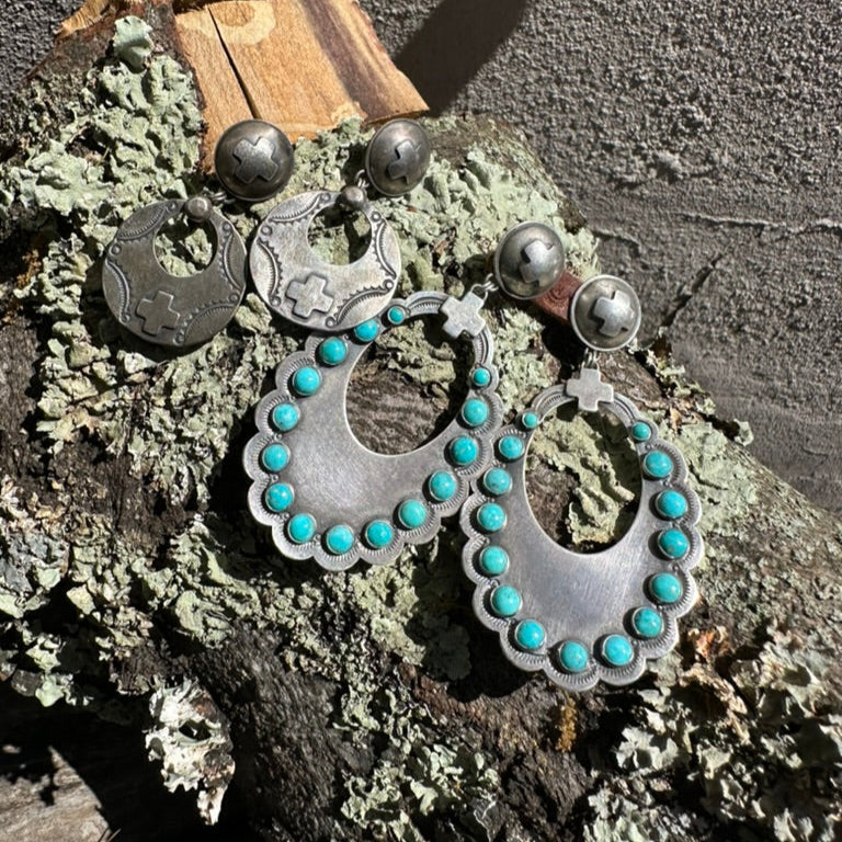 Artisan Made Sterling Silver and Turquoise Large Scallop Earrings by Dennis Hogan