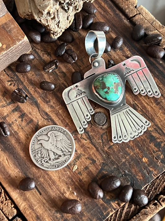 Hand Stamped Sterling Silver and Turquoise Thunderbird Pendant by Kimari Somers