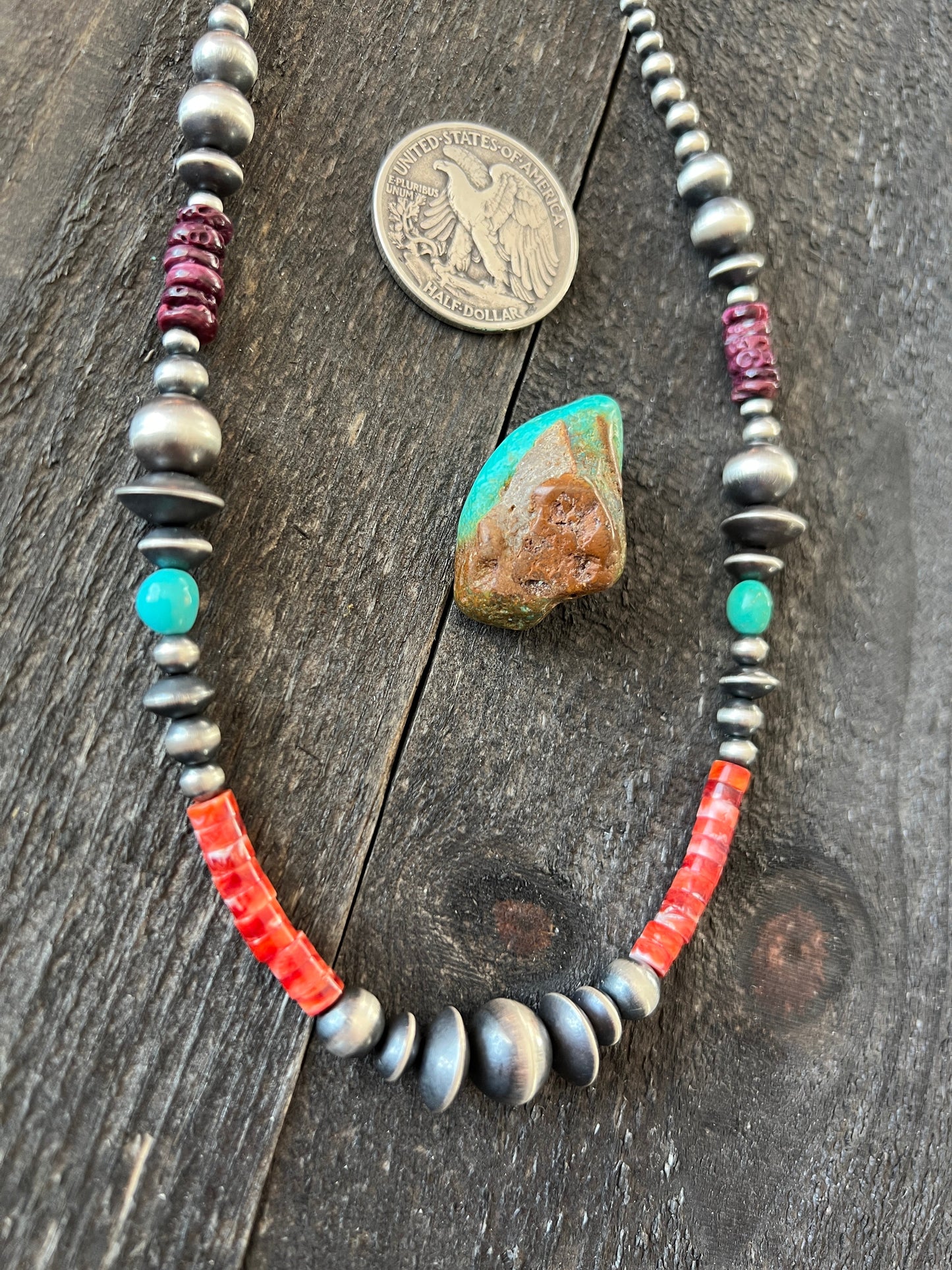 Navajo Electric Rainbow Sterling Silver, Turquoise and Spiny Oyster Single Strand Beaded Necklace by Rose Martin, 18 + 2 Inches
