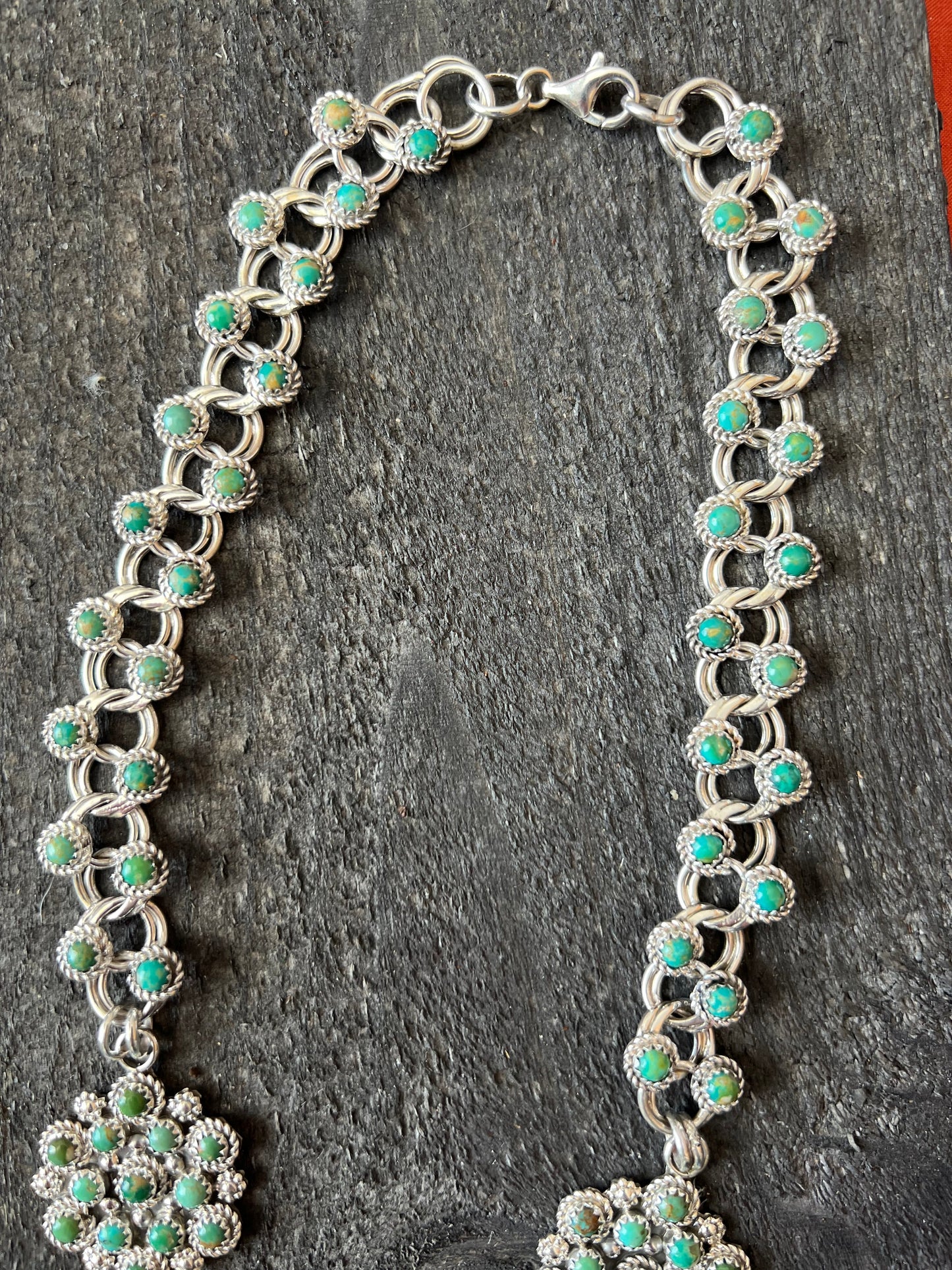 Zuni Sterling and Snake Eye Turquoise Link and Cluster Necklace by Dillon Cheama