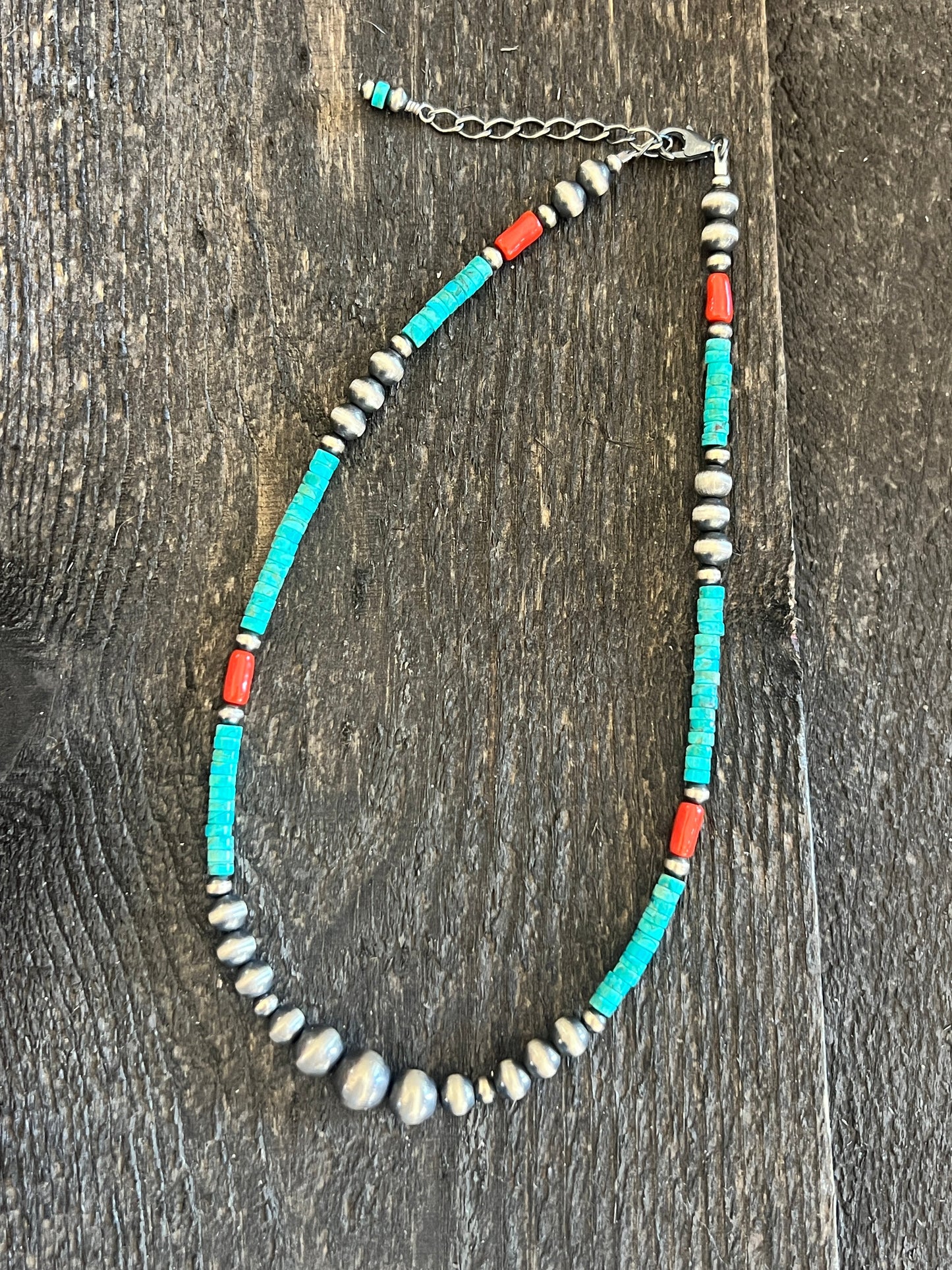 Summer Lovin’ Navajo Beaded Layering Necklace with Sterling Silver, Turquoise and Mediterranean Coral, 14” + 2”, The Beach Cruiser